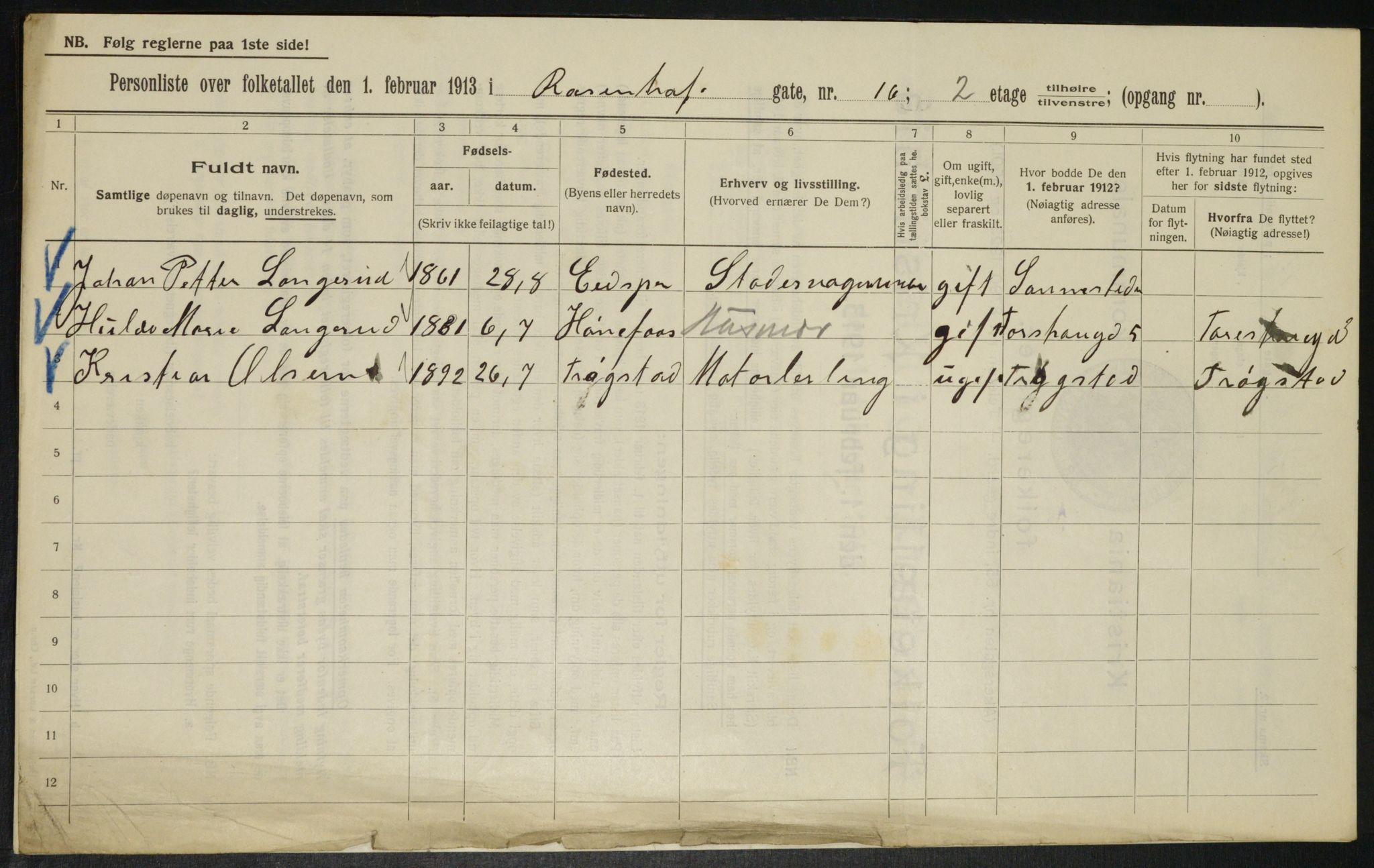 OBA, Municipal Census 1913 for Kristiania, 1913, p. 83796