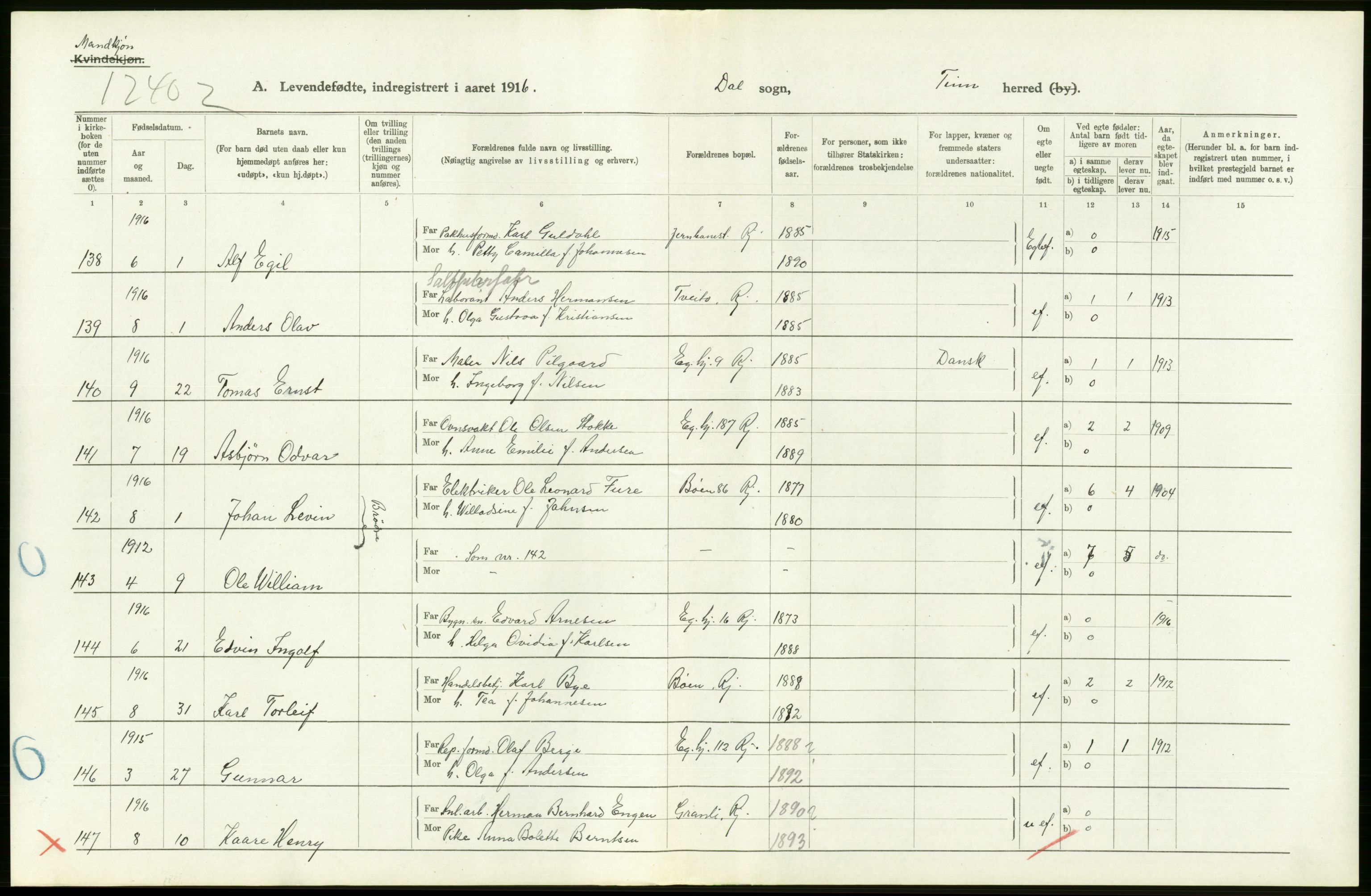 Statistisk sentralbyrå, Sosiodemografiske emner, Befolkning, RA/S-2228/D/Df/Dfb/Dfbf/L0022: Bratsberg amt: Levendefødte menn og kvinner. Bygder., 1916, p. 178