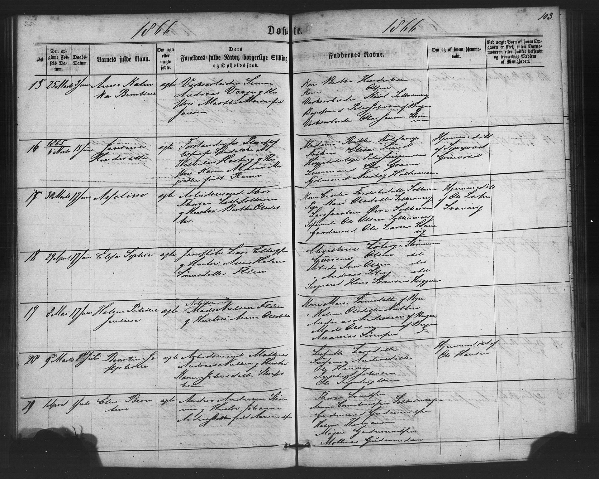 St. Jørgens hospital og Årstad sokneprestembete, AV/SAB-A-99934: Parish register (copy) no. A 3, 1863-1872, p. 103