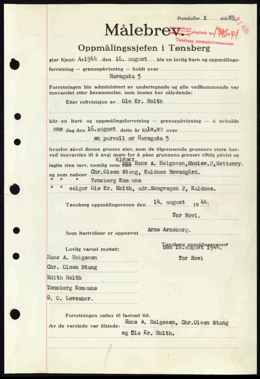 Tønsberg sorenskriveri, AV/SAKO-A-130/G/Ga/Gaa/L0015: Mortgage book no. A15, 1944-1944, Diary no: : 1795/1944