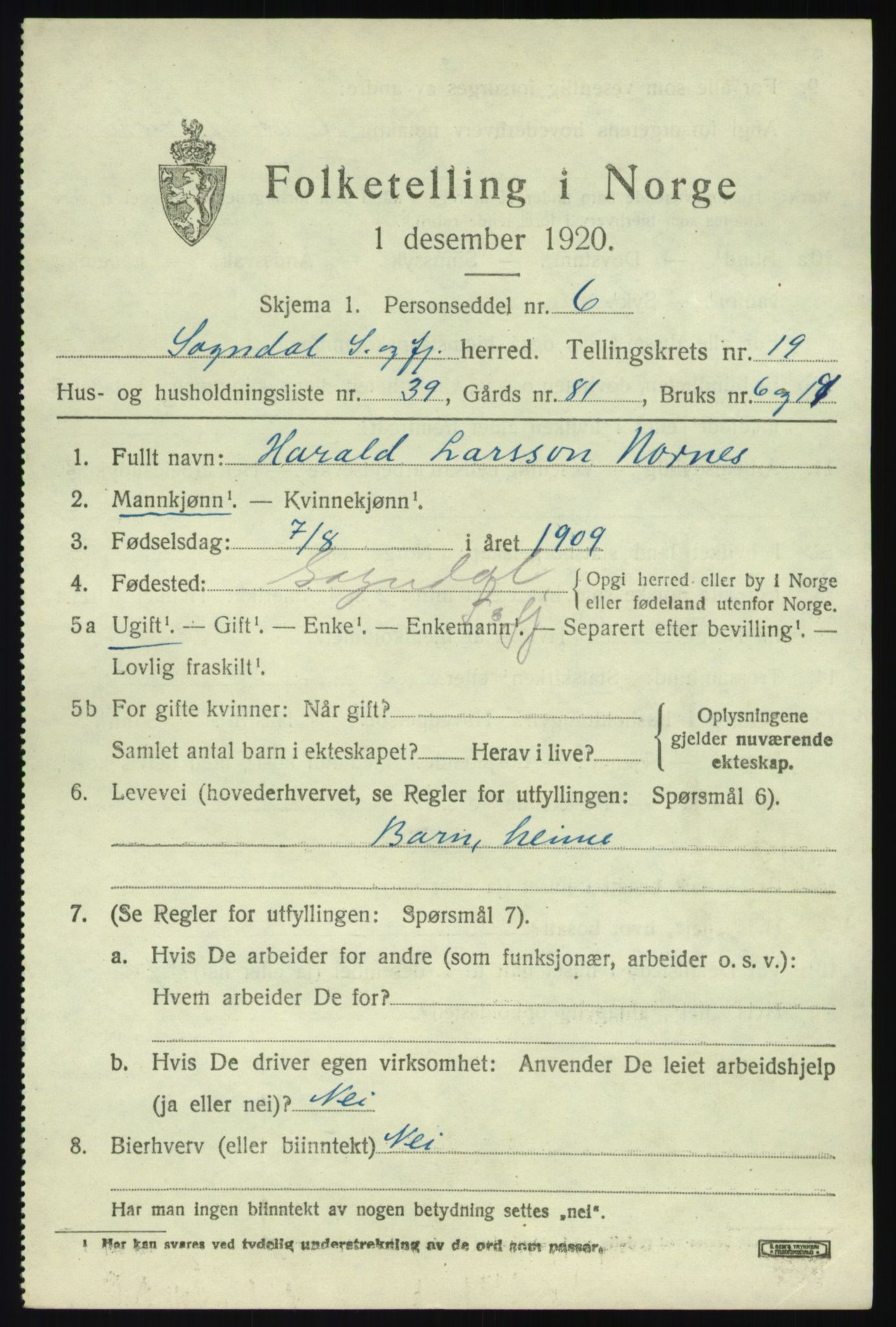 SAB, 1920 census for Sogndal, 1920, p. 7497