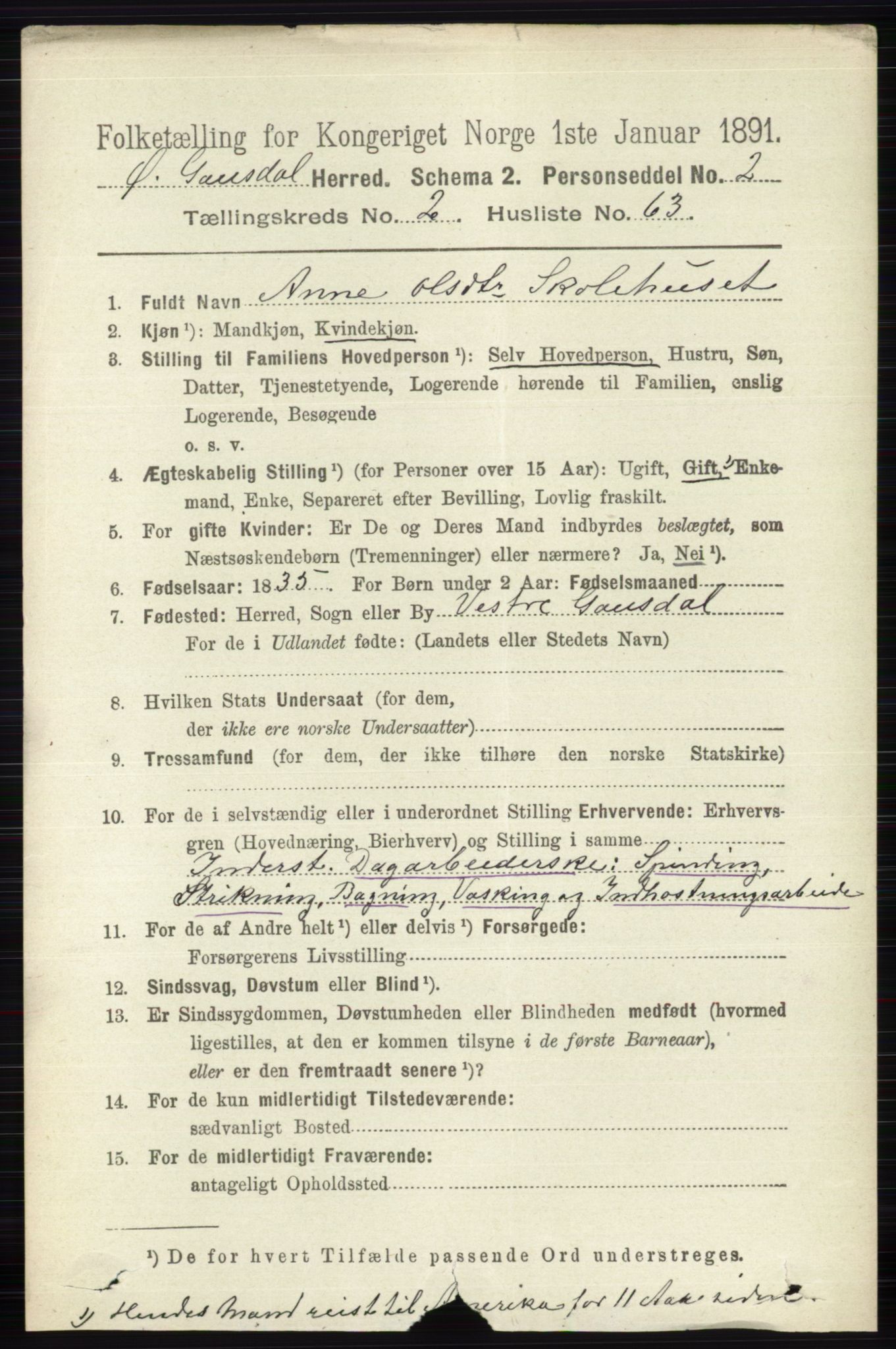 RA, 1891 census for 0522 Østre Gausdal, 1891, p. 1605