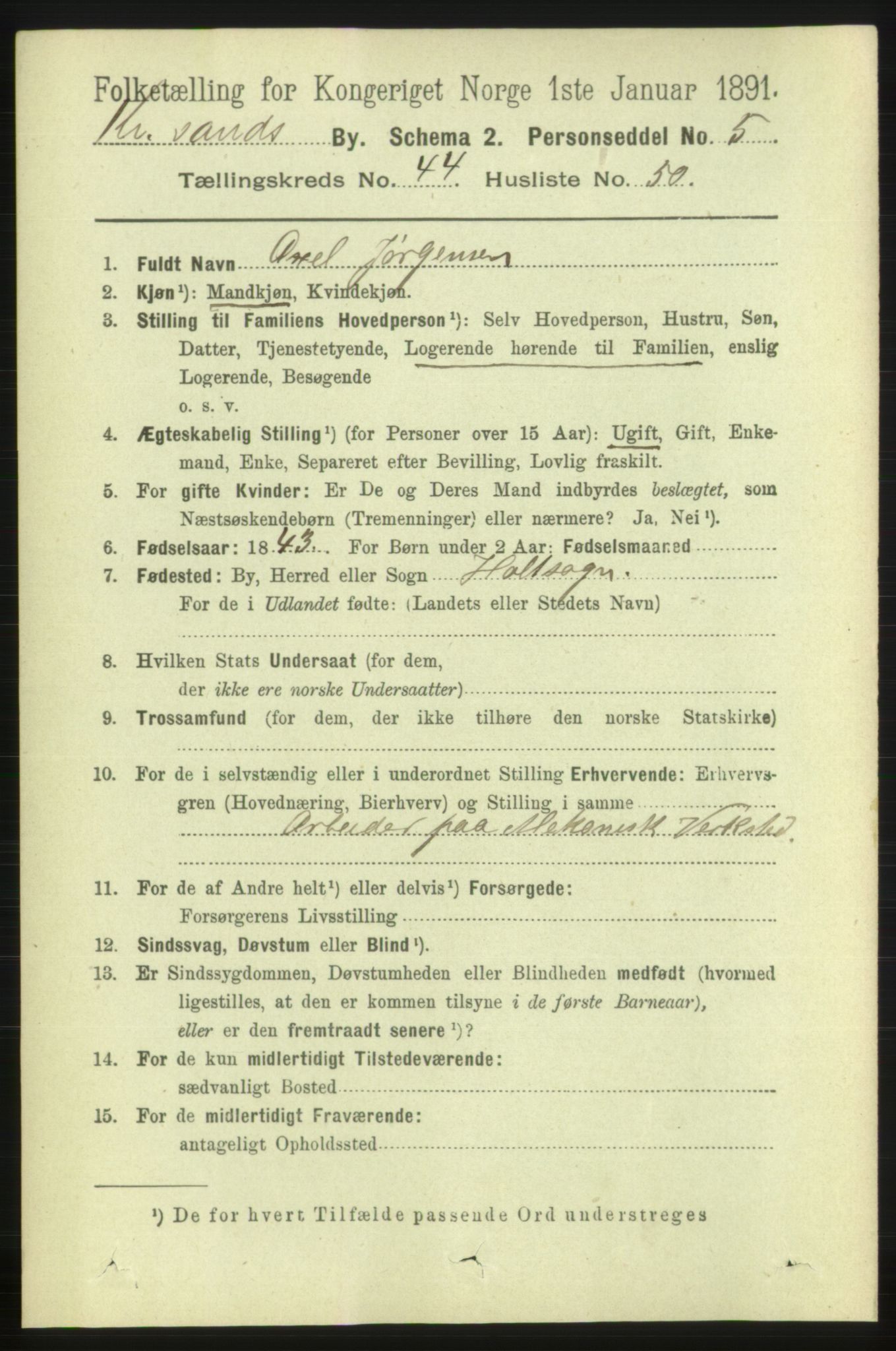 RA, 1891 census for 1001 Kristiansand, 1891, p. 13902