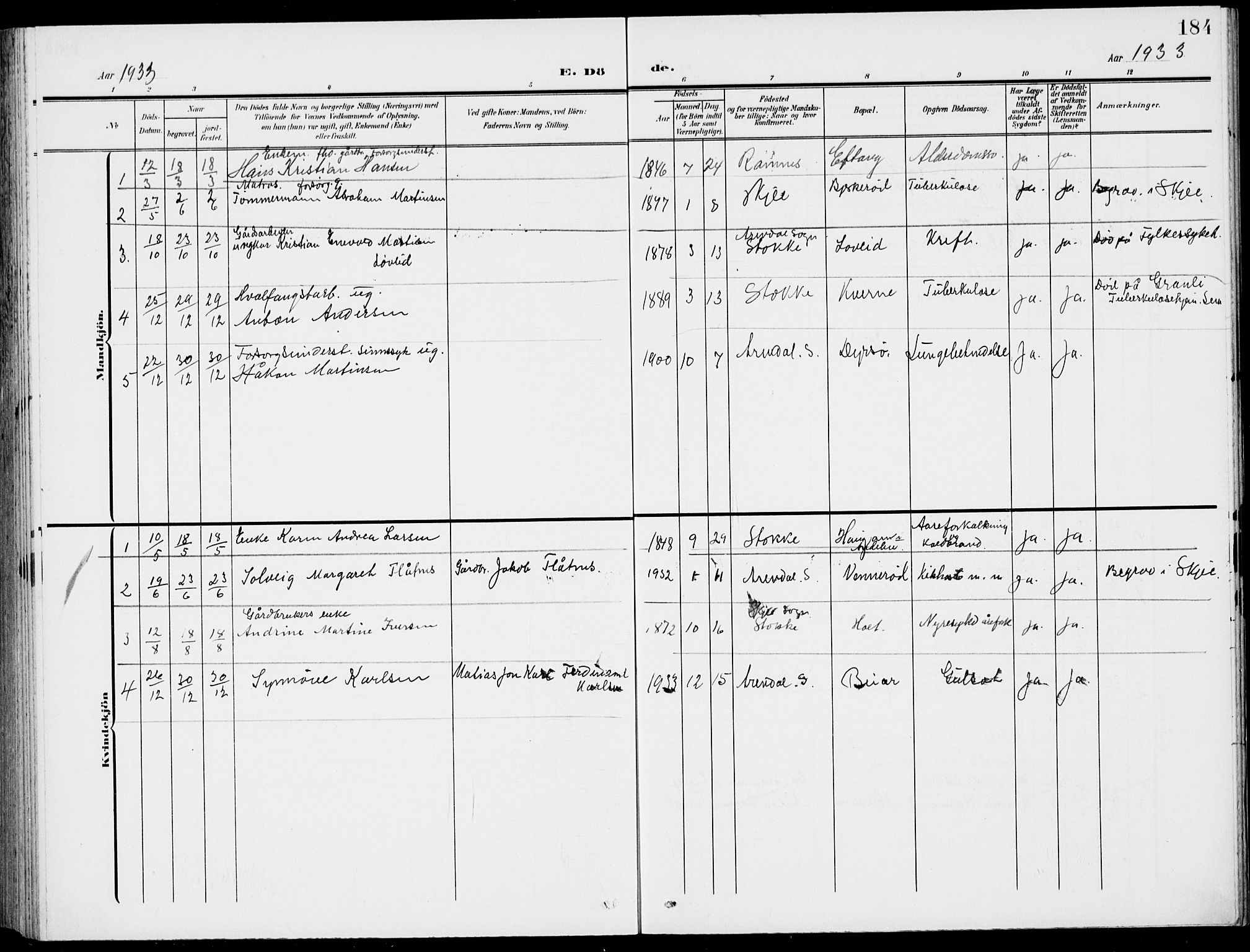 Stokke kirkebøker, AV/SAKO-A-320/G/Gc/L0001: Parish register (copy) no. III 1, 1904-1935, p. 184