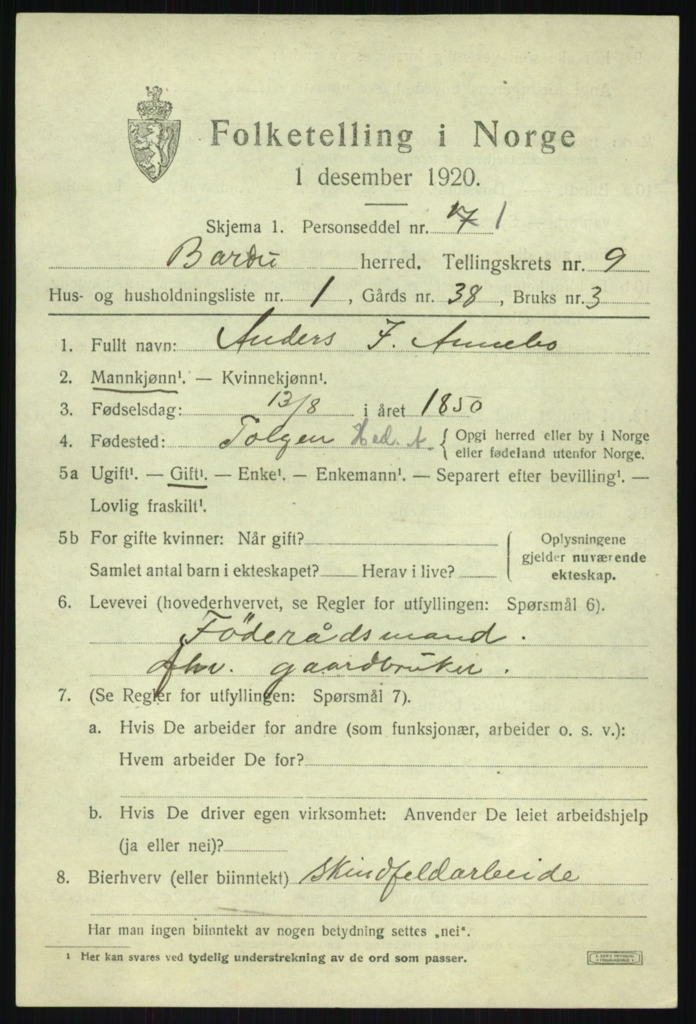 SATØ, 1920 census for Bardu, 1920, p. 3167