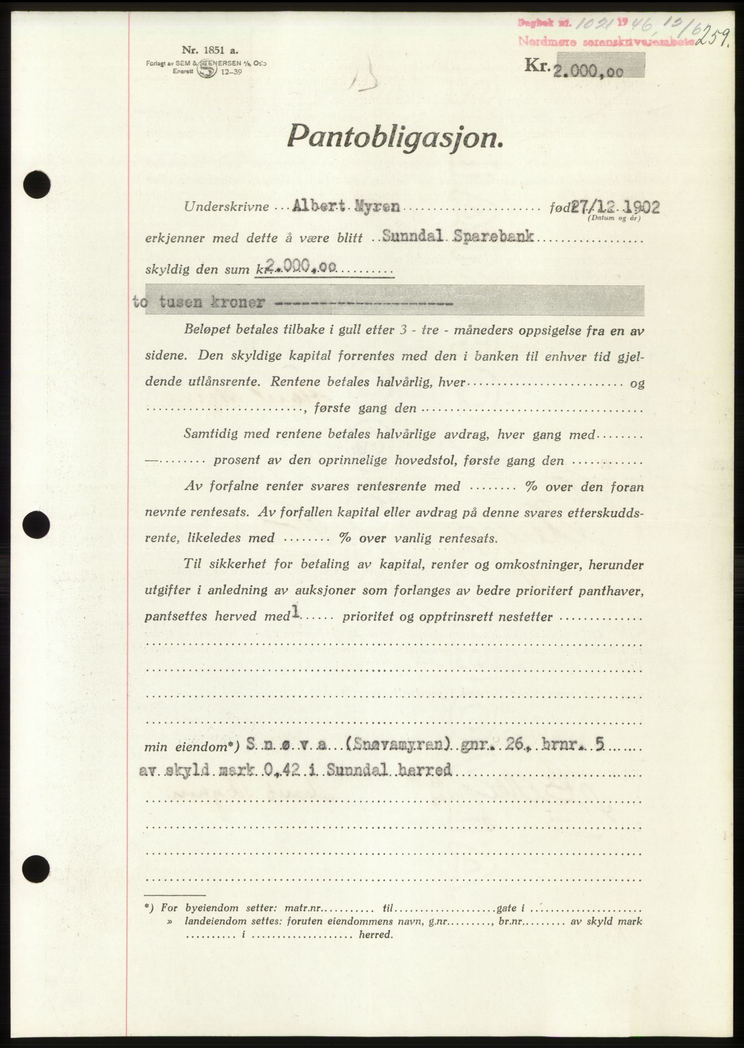 Nordmøre sorenskriveri, AV/SAT-A-4132/1/2/2Ca: Mortgage book no. B94, 1946-1946, Diary no: : 1021/1946