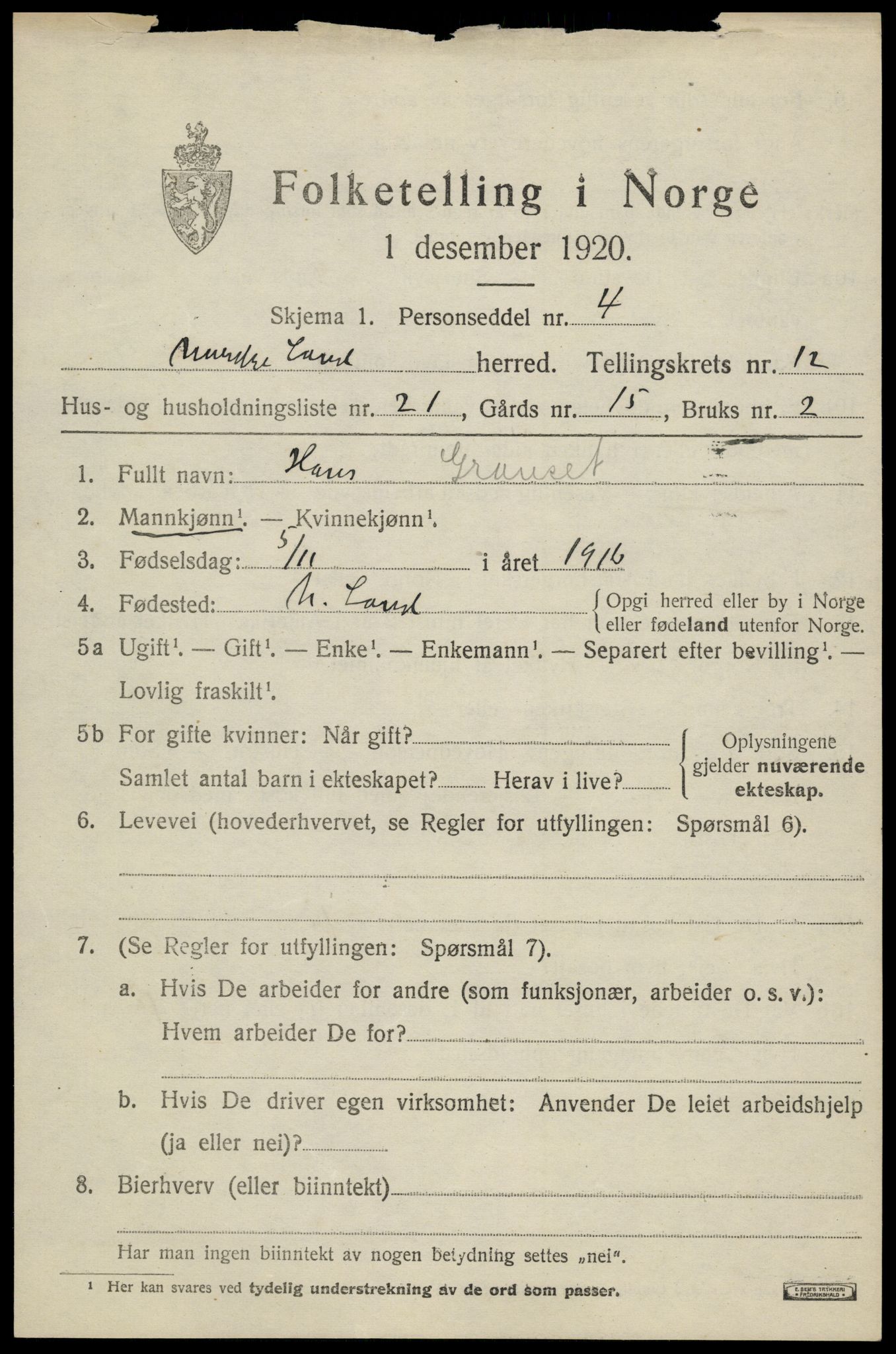 SAH, 1920 census for Nordre Land, 1920, p. 6098