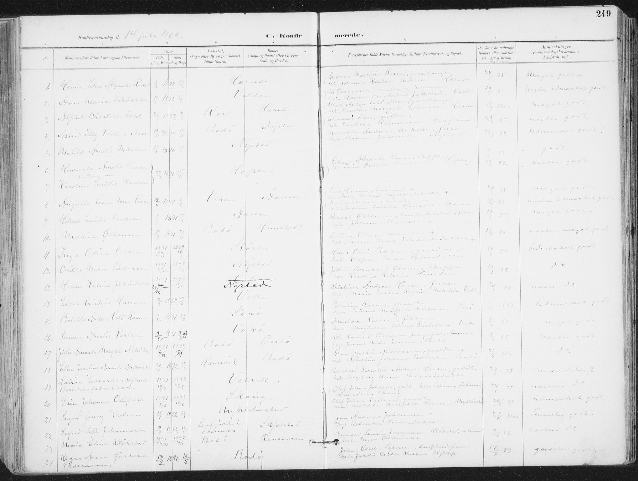 Ministerialprotokoller, klokkerbøker og fødselsregistre - Nordland, AV/SAT-A-1459/802/L0055: Parish register (official) no. 802A02, 1894-1915, p. 249