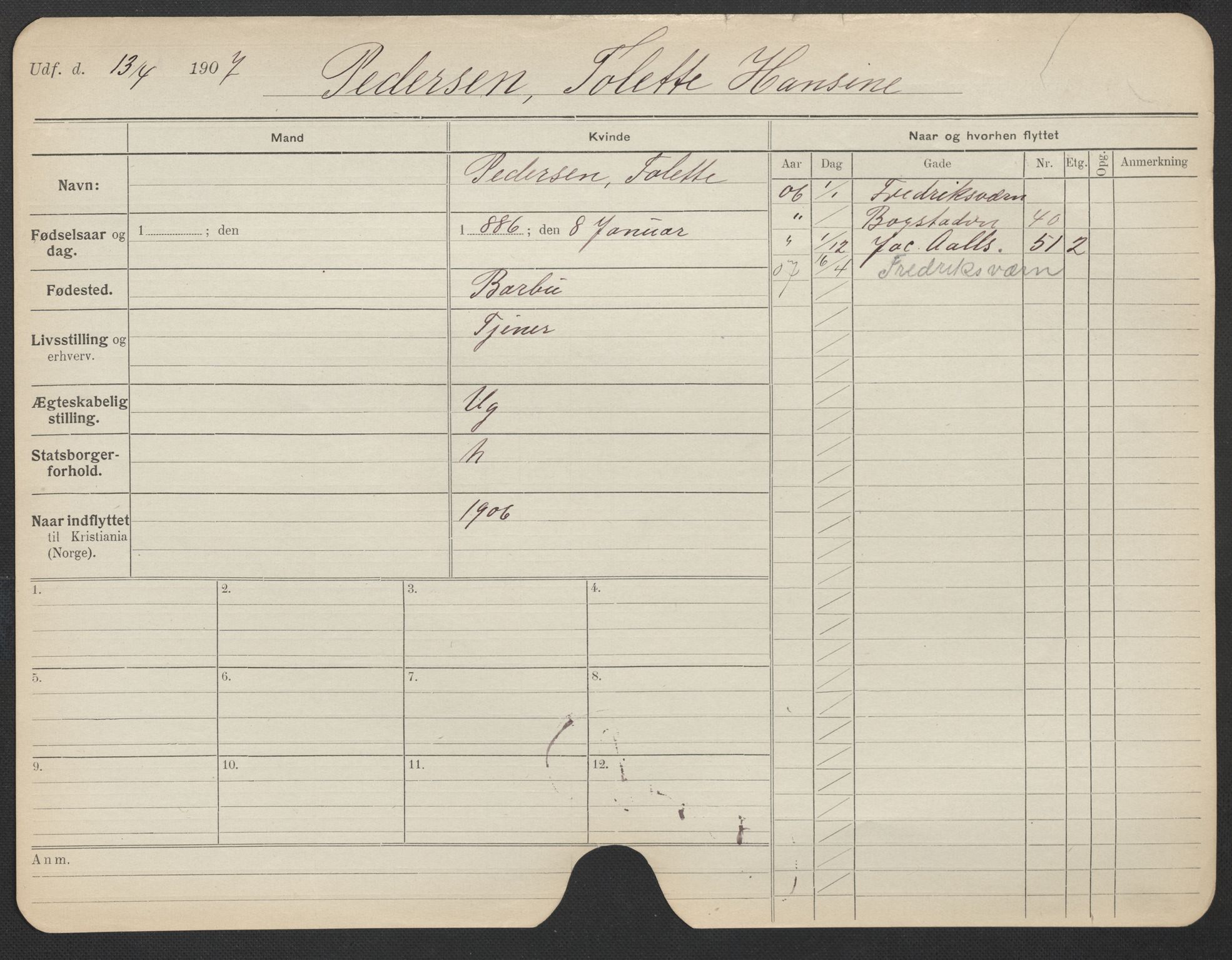 Oslo folkeregister, Registerkort, AV/SAO-A-11715/F/Fa/Fac/L0022: Kvinner, 1906-1914, p. 883a