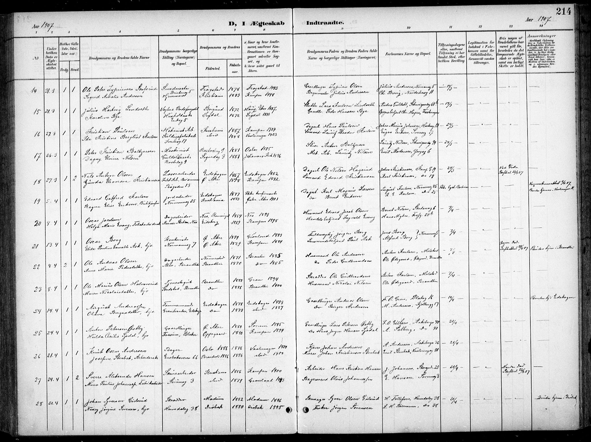 Kampen prestekontor Kirkebøker, SAO/A-10853/F/Fa/L0009: Parish register (official) no. I 9, 1899-1911, p. 214