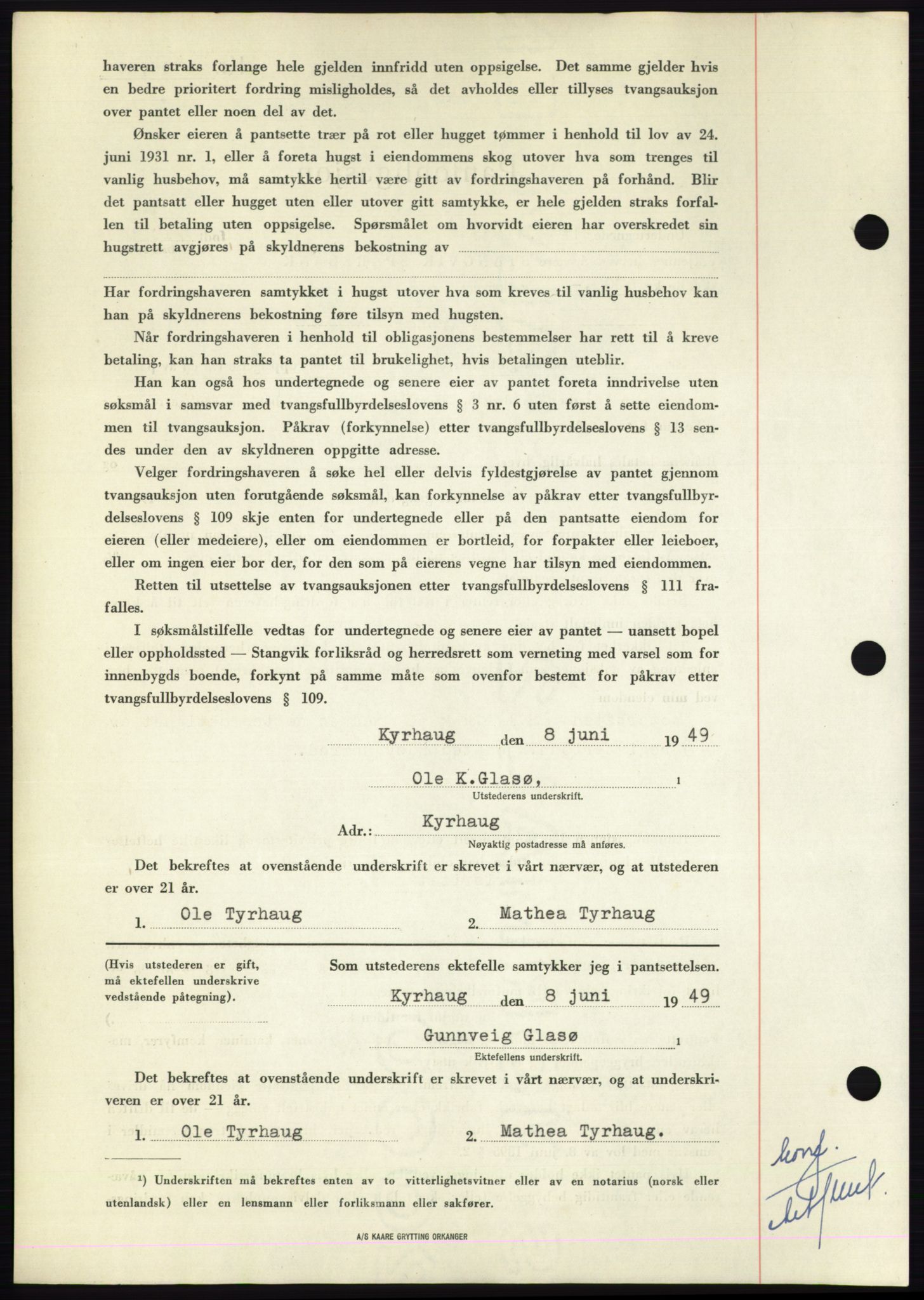 Nordmøre sorenskriveri, AV/SAT-A-4132/1/2/2Ca: Mortgage book no. B101, 1949-1949, Diary no: : 1505/1949