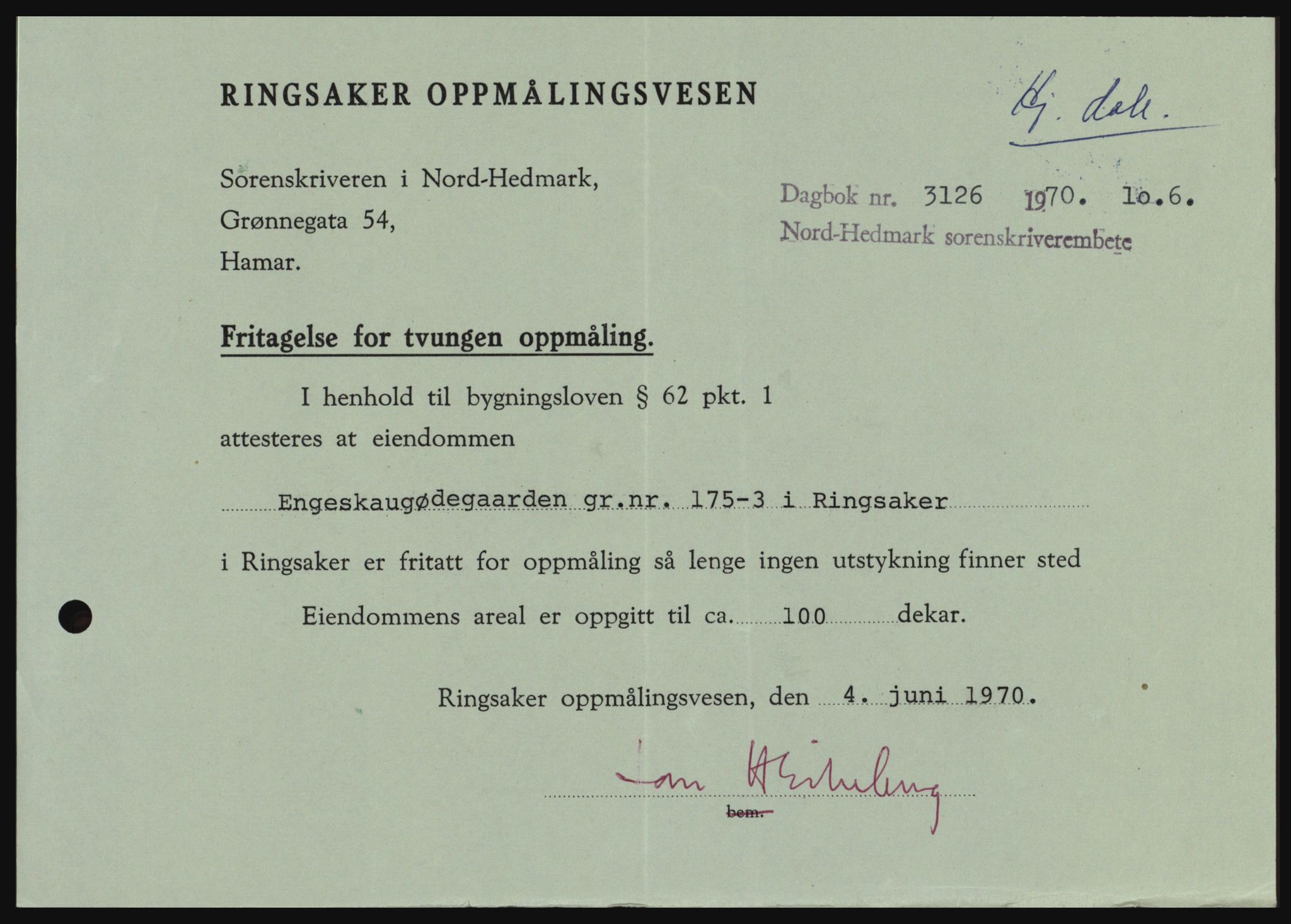 Nord-Hedmark sorenskriveri, SAH/TING-012/H/Hc/L0033: Mortgage book no. 33, 1970-1970, Diary no: : 3126/1970