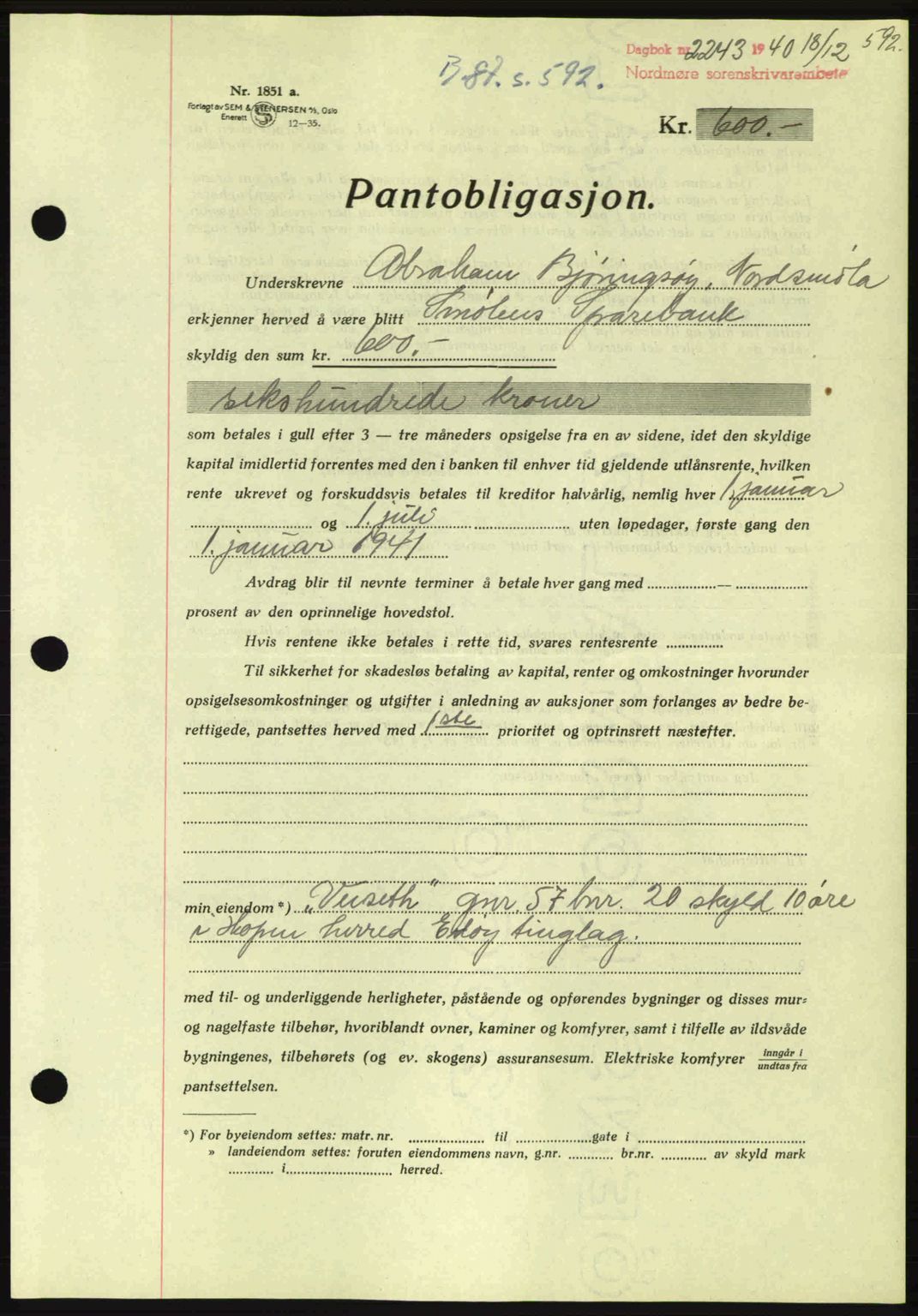 Nordmøre sorenskriveri, AV/SAT-A-4132/1/2/2Ca: Mortgage book no. B87, 1940-1941, Diary no: : 2243/1940