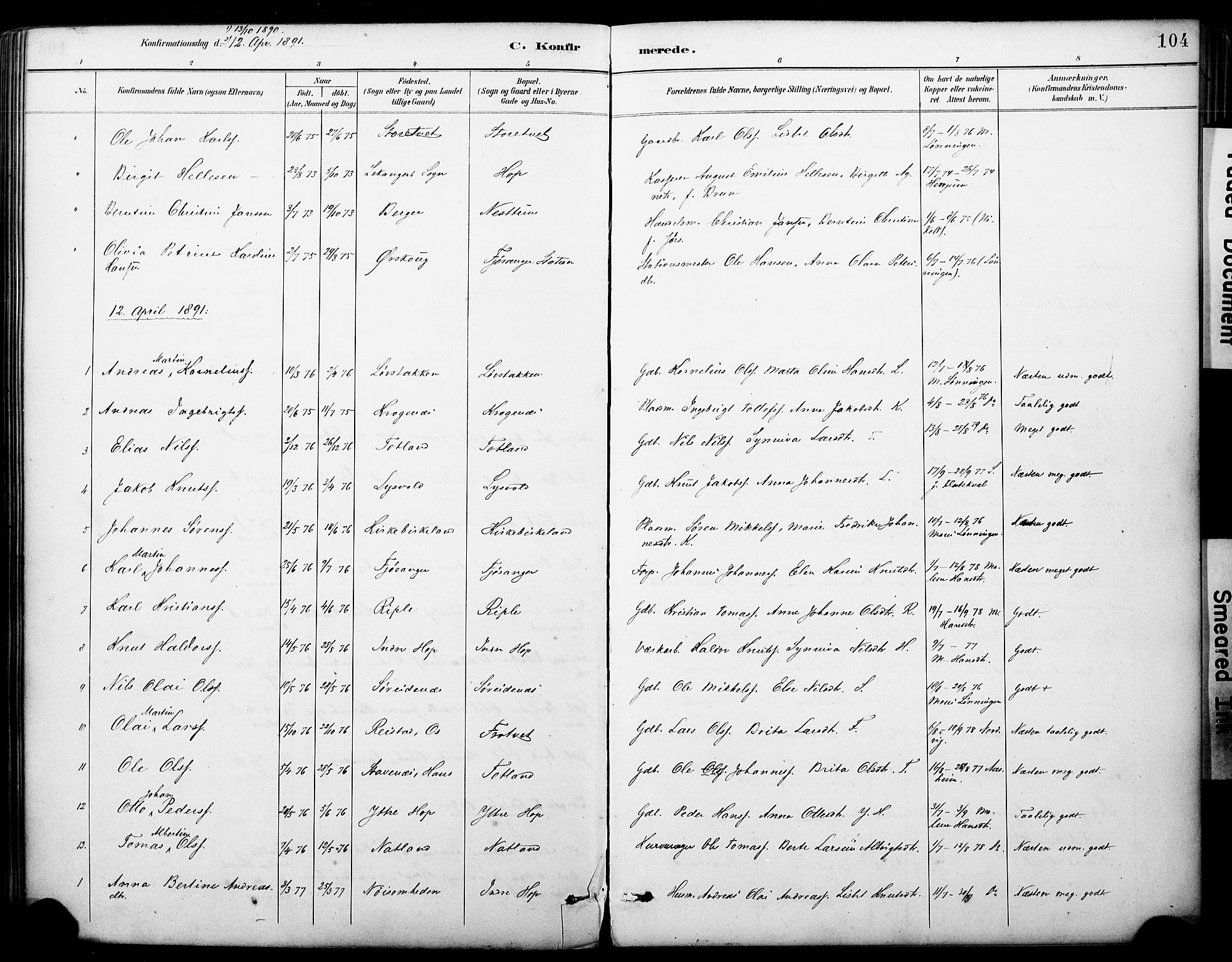 Fana Sokneprestembete, AV/SAB-A-75101/H/Haa/Haai/L0002: Parish register (official) no. I 2, 1888-1899, p. 104