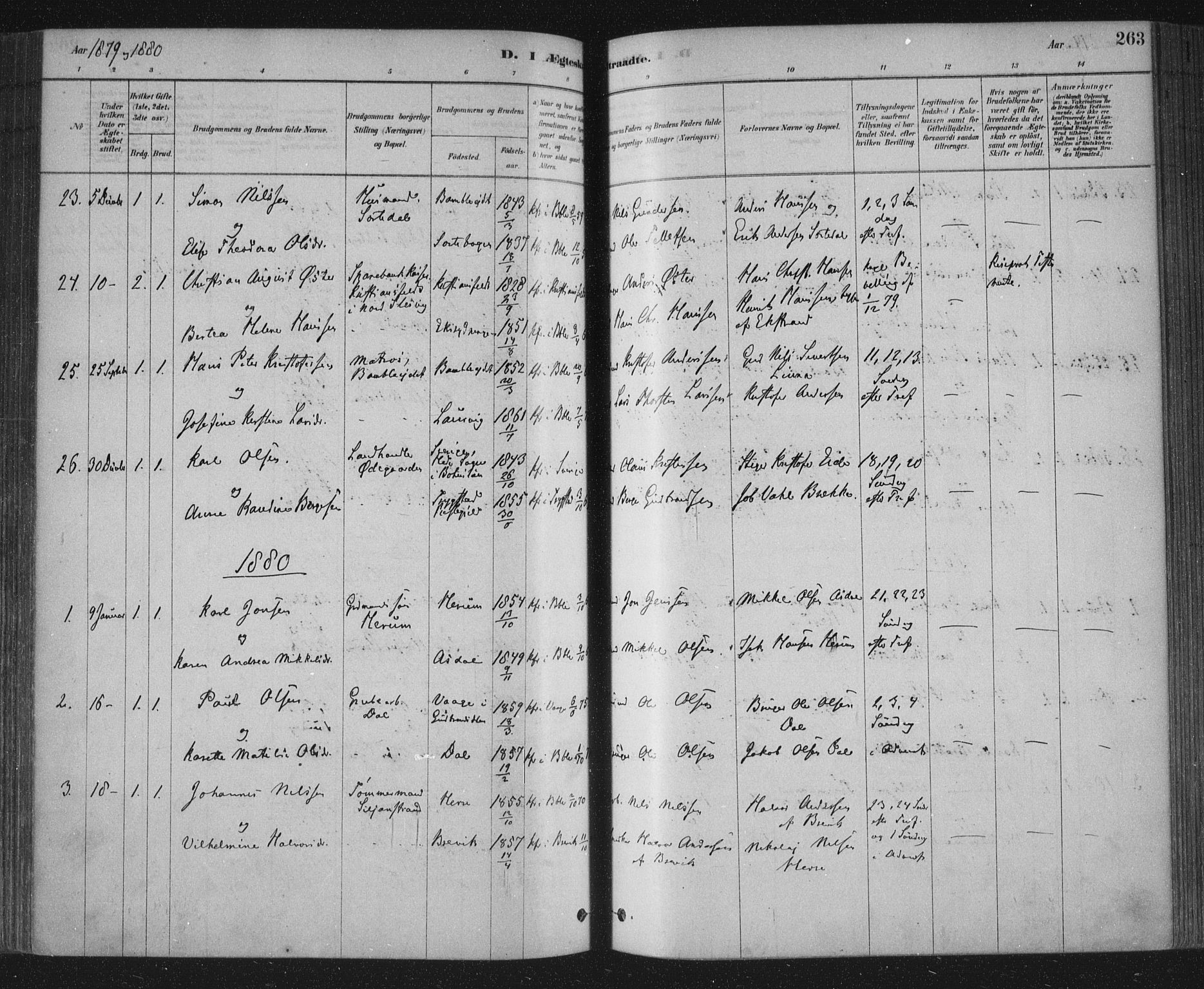 Bamble kirkebøker, SAKO/A-253/F/Fa/L0007: Parish register (official) no. I 7, 1878-1888, p. 263