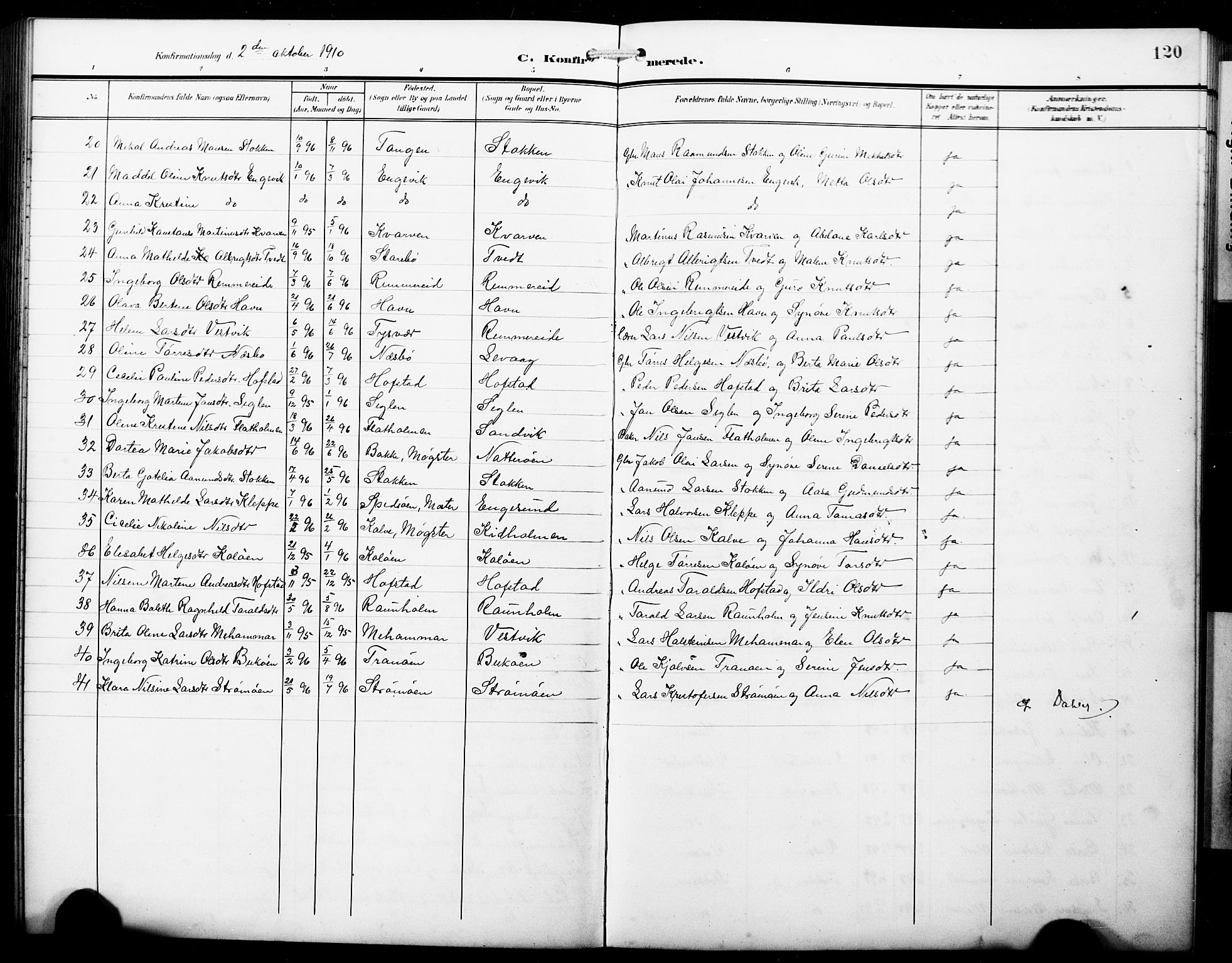 Fitjar sokneprestembete, SAB/A-99926: Parish register (copy) no. B 1, 1906-1928, p. 120