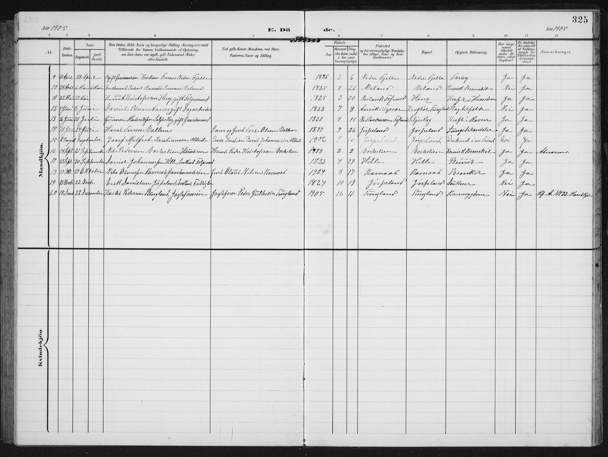 Strand sokneprestkontor, AV/SAST-A-101828/H/Ha/Hab/L0005: Parish register (copy) no. B 5, 1904-1934, p. 325