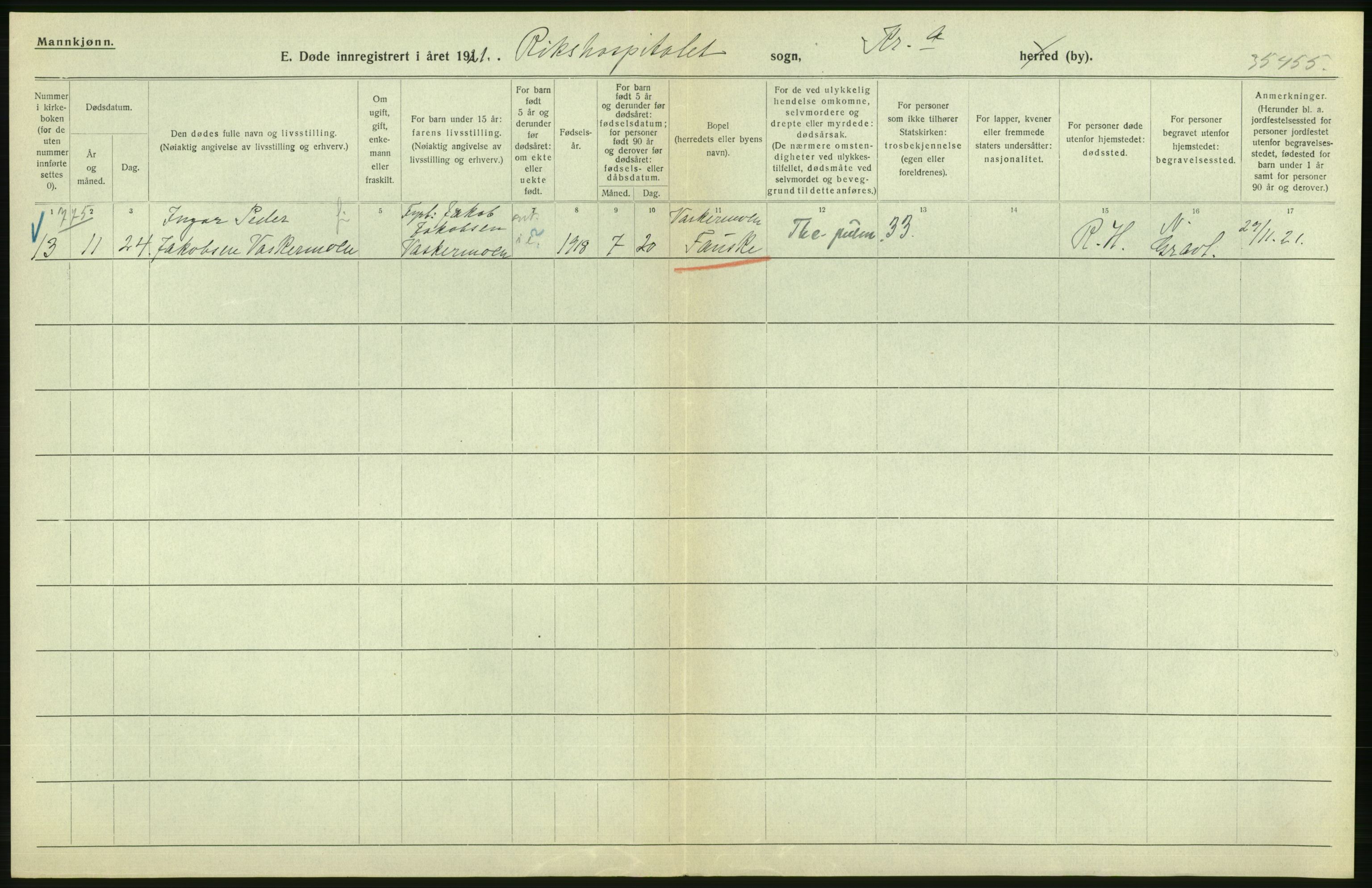 Statistisk sentralbyrå, Sosiodemografiske emner, Befolkning, AV/RA-S-2228/D/Df/Dfc/Dfca/L0013: Kristiania: Døde, dødfødte, 1921, p. 258