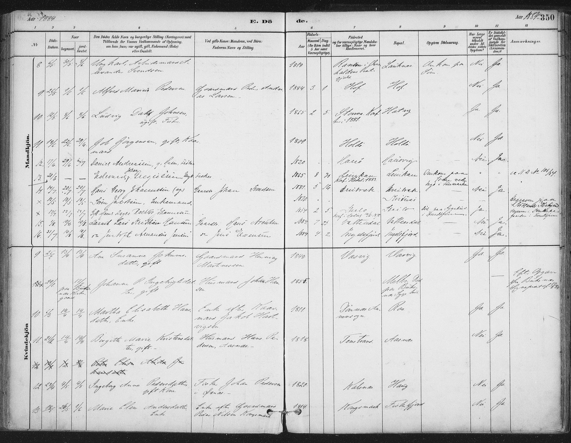 Ministerialprotokoller, klokkerbøker og fødselsregistre - Nordland, SAT/A-1459/888/L1244: Parish register (official) no. 888A10, 1880-1890, p. 350