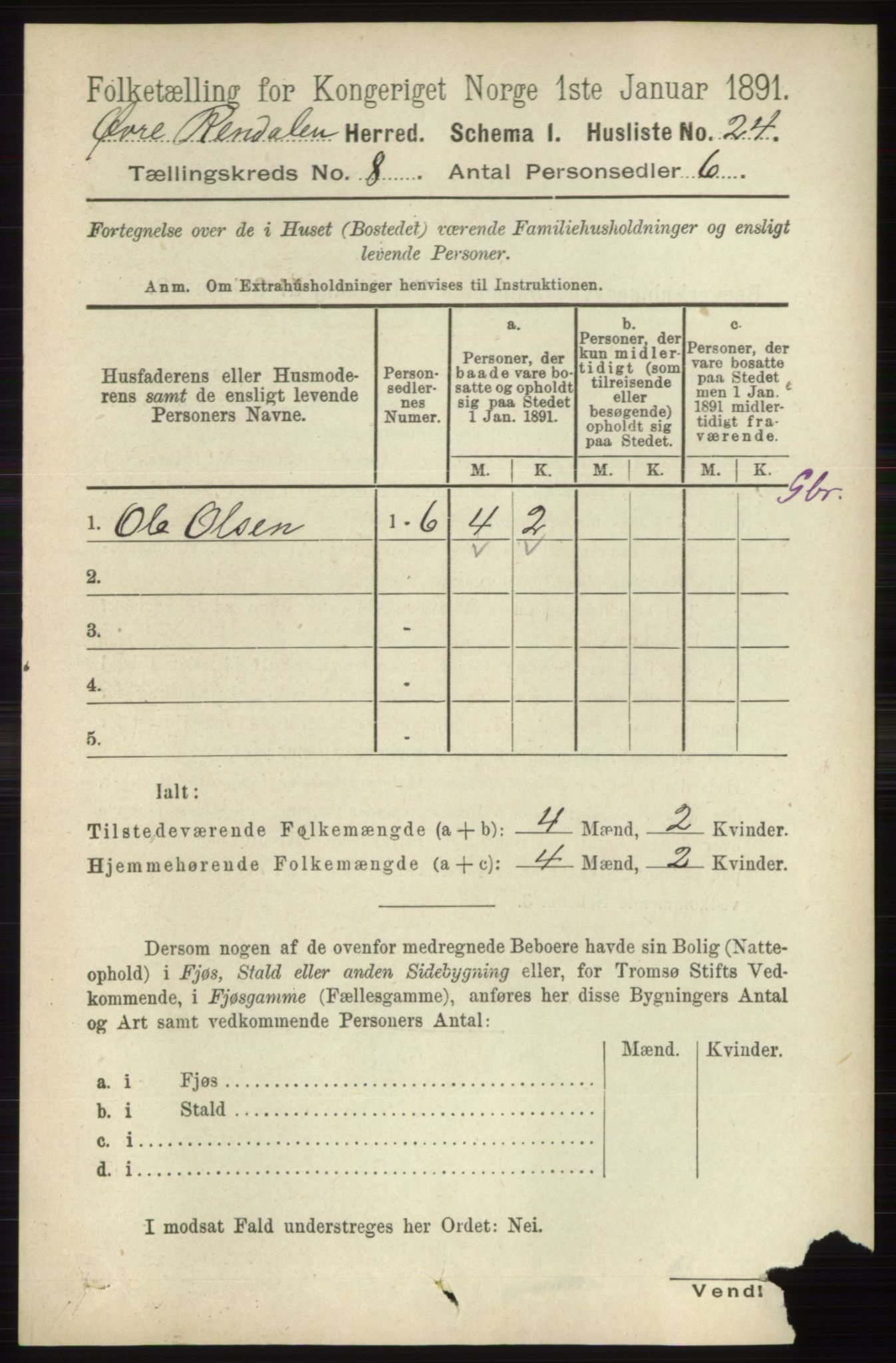 RA, 1891 census for 0433 Øvre Rendal, 1891, p. 1997