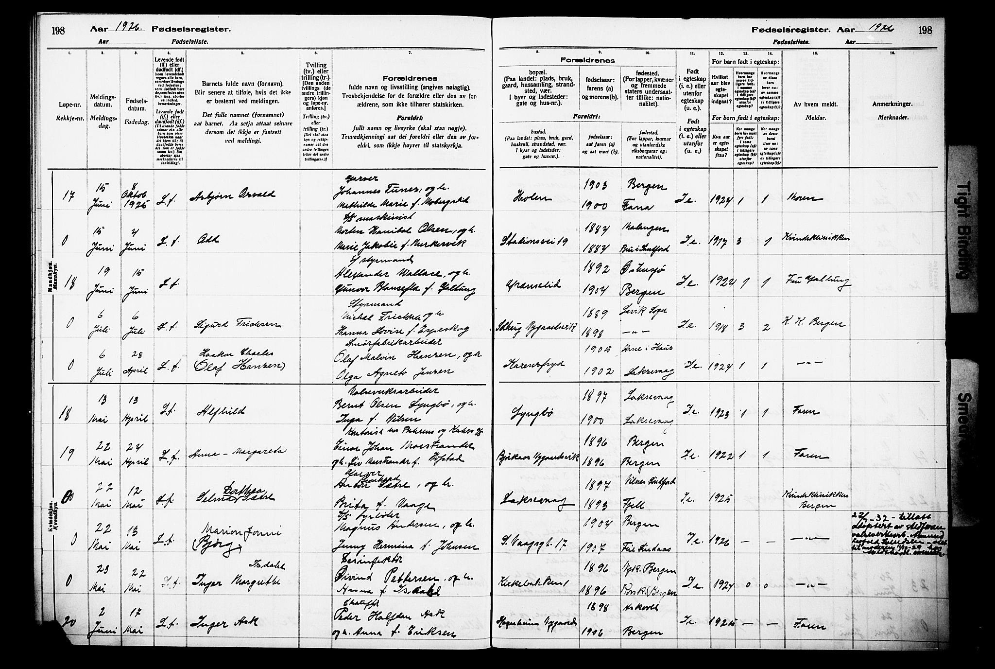 Laksevåg Sokneprestembete, AV/SAB-A-76501/I/Id/L00A1: Birth register no. A 1, 1916-1926, p. 198