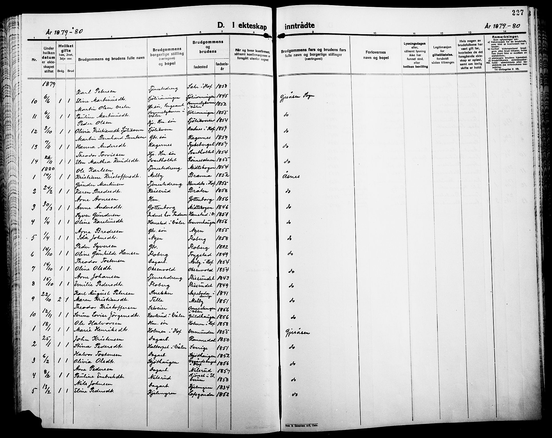 Åsnes prestekontor, AV/SAH-PREST-042/H/Ha/Haa/L0000B: Parish register (official), 1870-1889, p. 227