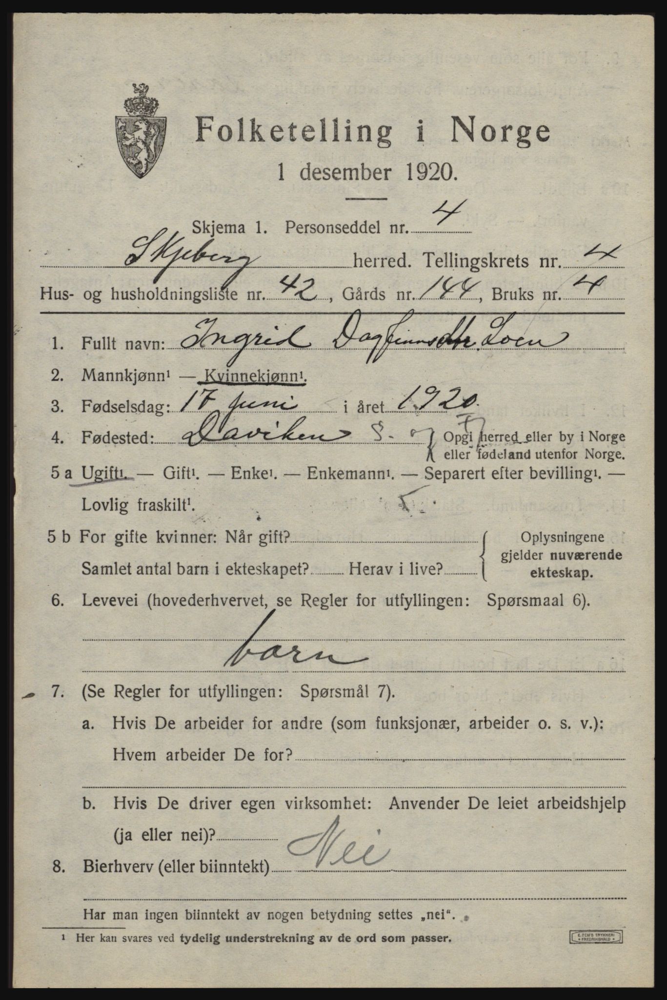 SAO, 1920 census for Skjeberg, 1920, p. 5497