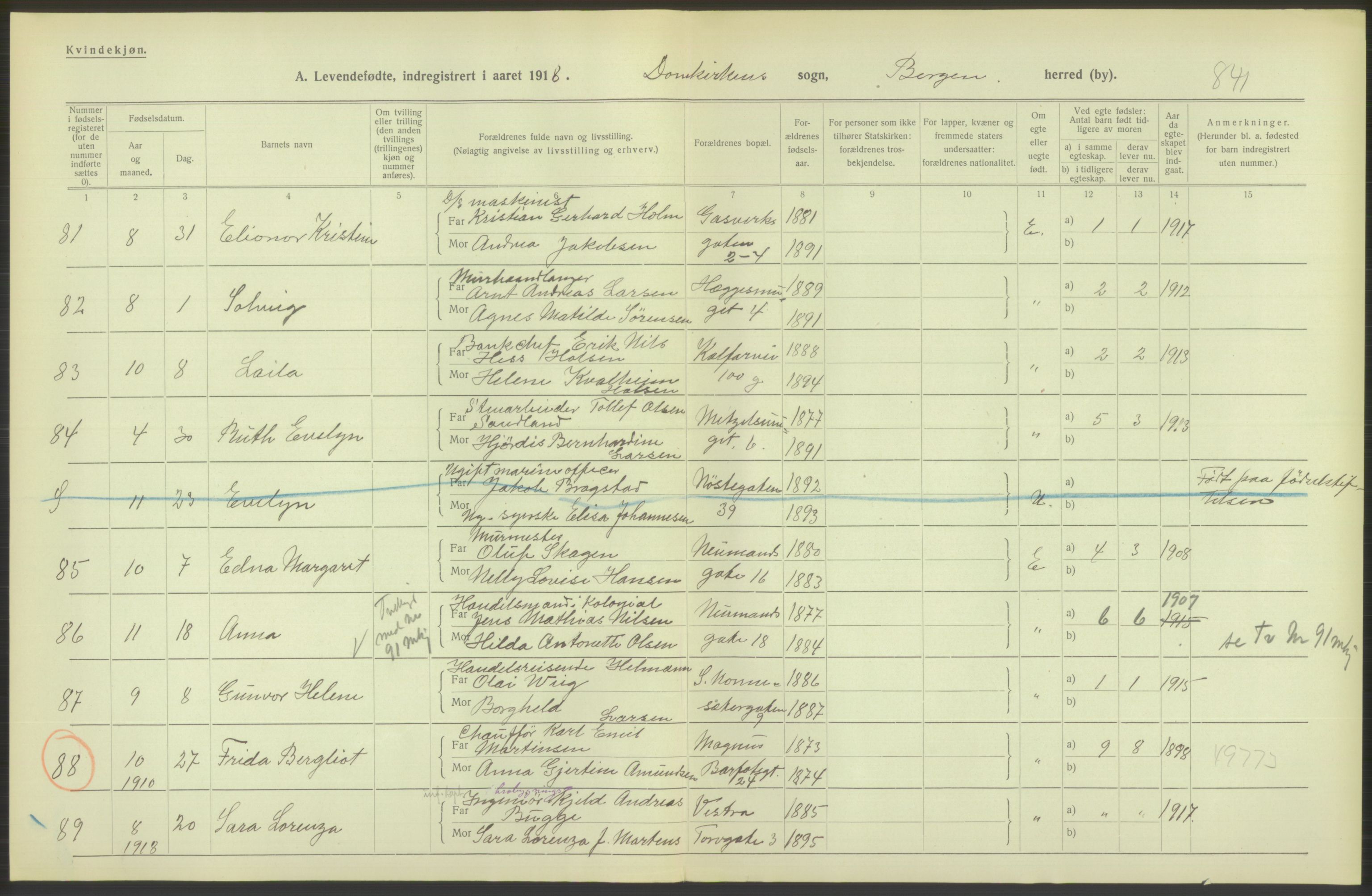 Statistisk sentralbyrå, Sosiodemografiske emner, Befolkning, AV/RA-S-2228/D/Df/Dfb/Dfbh/L0037: Bergen: Levendefødte menn og kvinner., 1918, p. 610