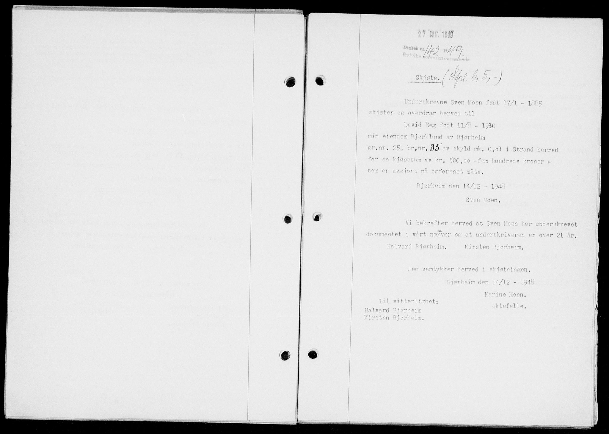 Ryfylke tingrett, AV/SAST-A-100055/001/II/IIB/L0104: Mortgage book no. 83, 1948-1949, Diary no: : 142/1949