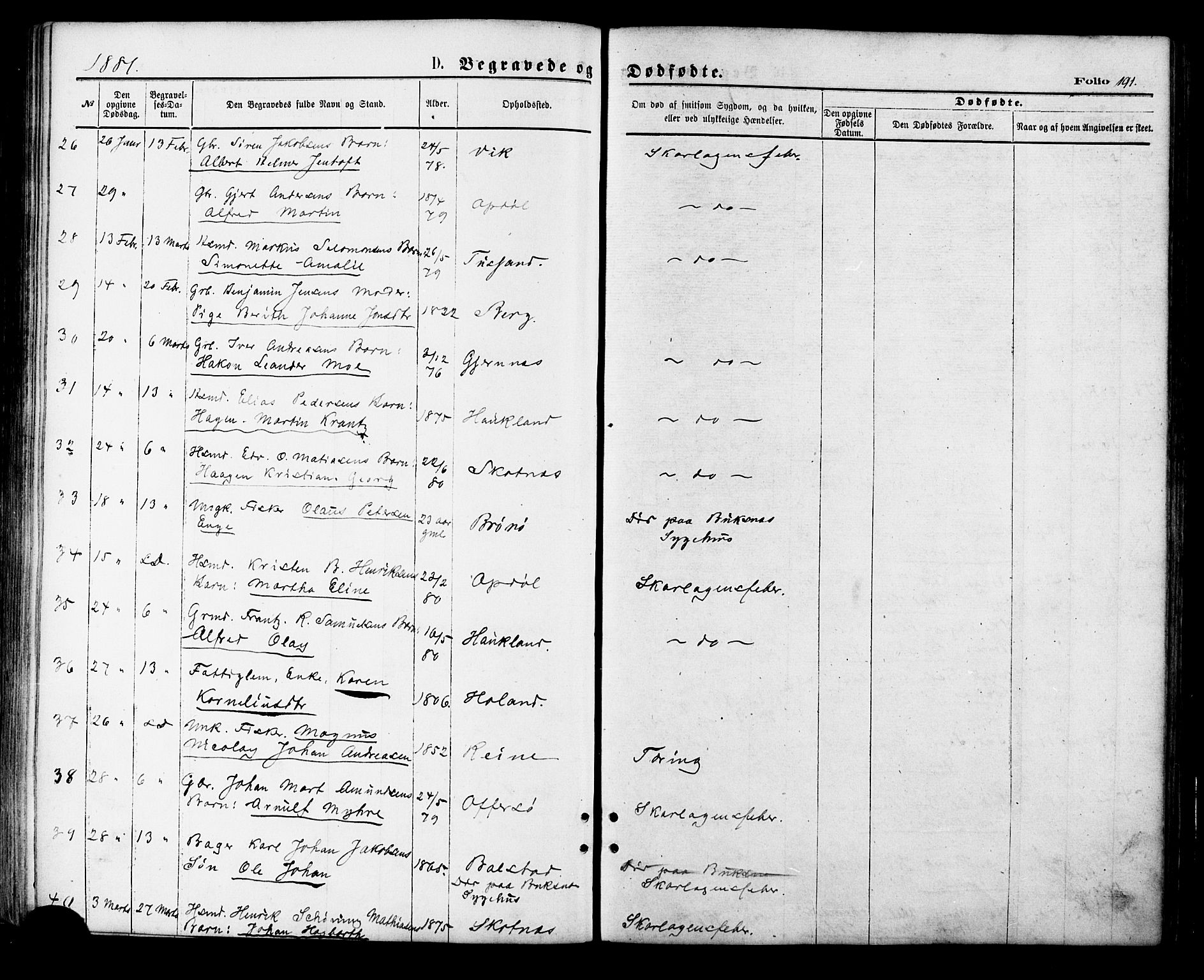 Ministerialprotokoller, klokkerbøker og fødselsregistre - Nordland, AV/SAT-A-1459/881/L1166: Parish register (copy) no. 881C03, 1876-1885, p. 191