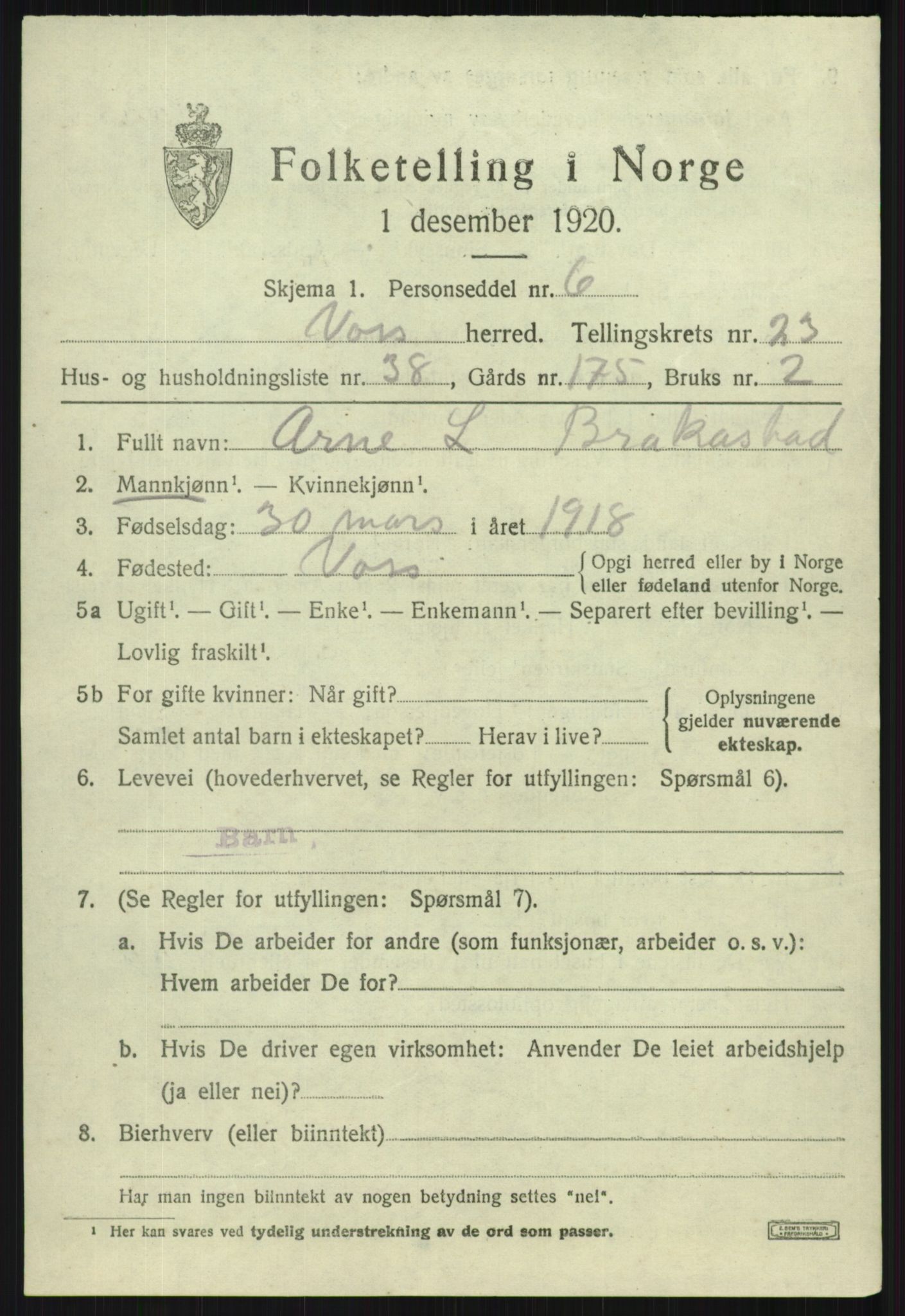 SAB, 1920 census for Voss, 1920, p. 16047