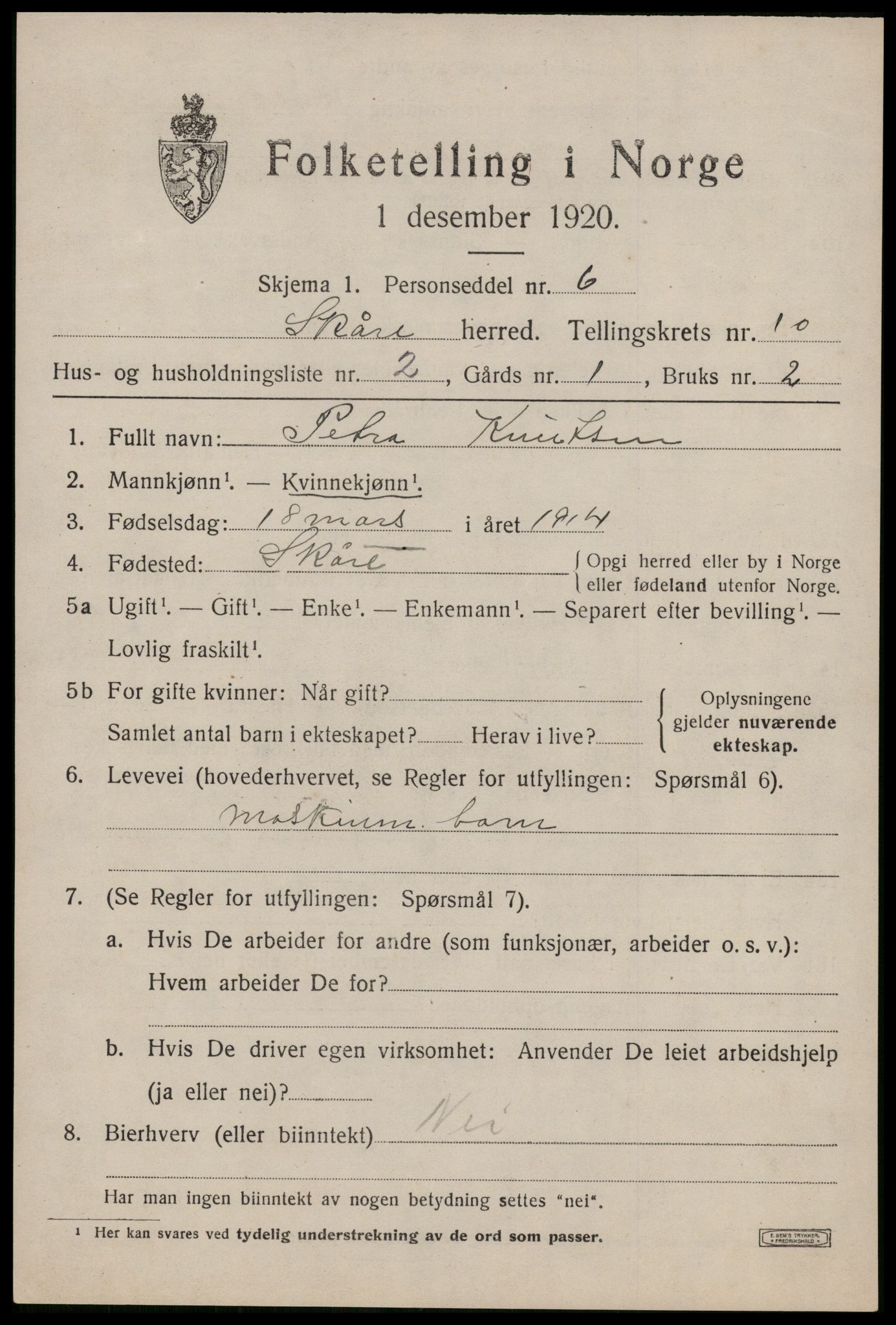 SAST, 1920 census for Skåre, 1920, p. 7880