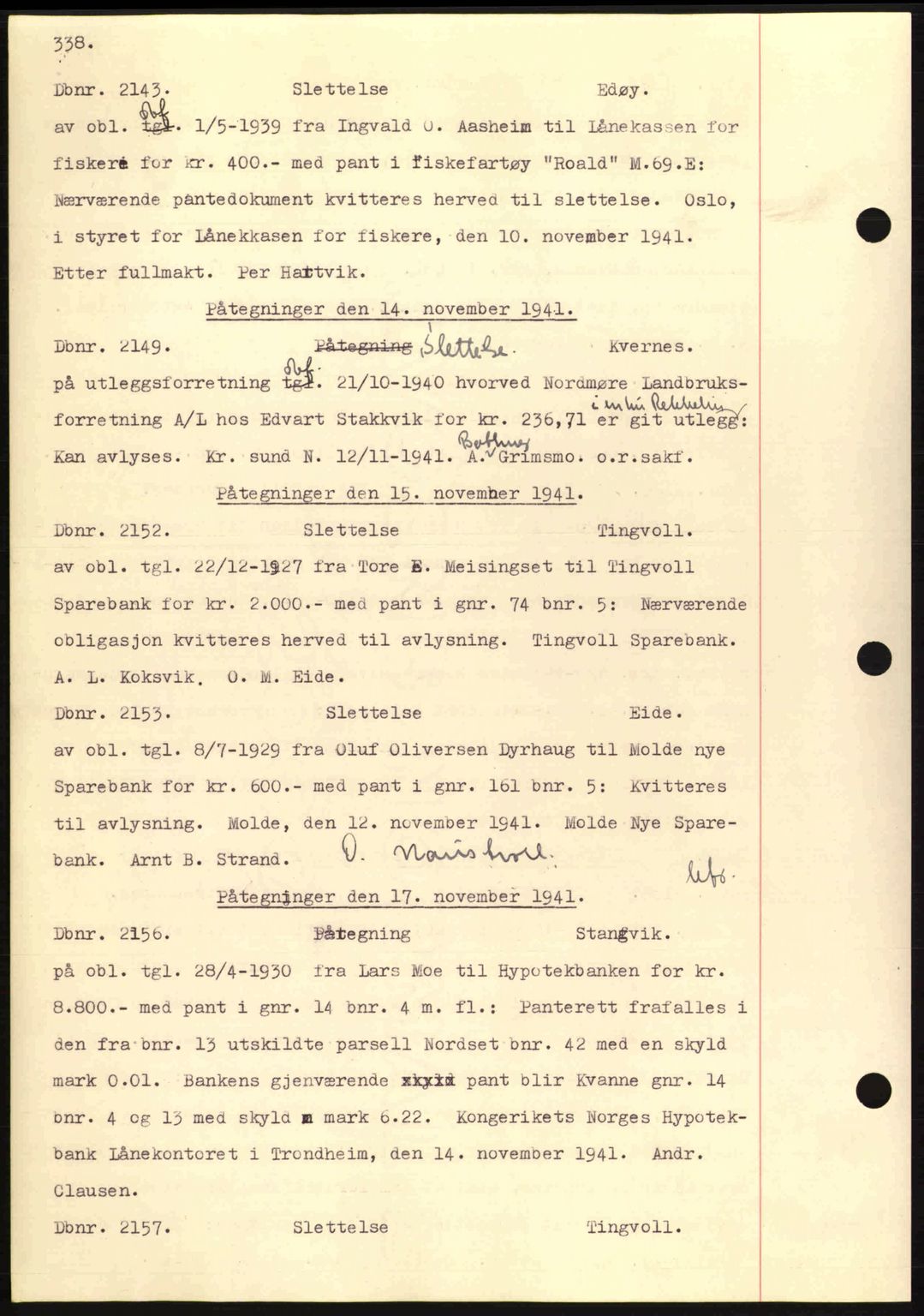 Nordmøre sorenskriveri, AV/SAT-A-4132/1/2/2Ca: Mortgage book no. C81, 1940-1945, Diary no: : 2143/1941