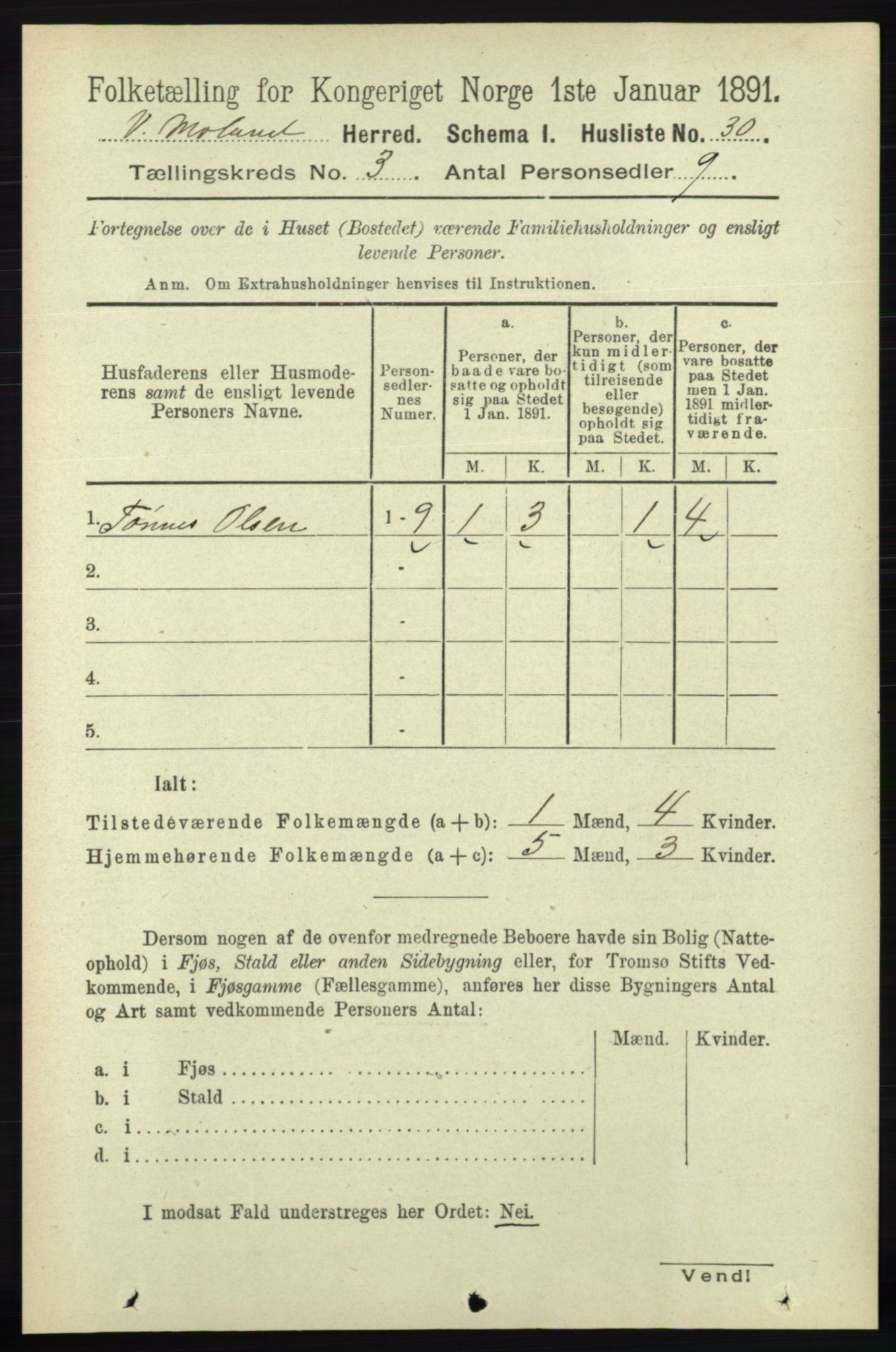 RA, 1891 census for 0926 Vestre Moland, 1891, p. 951