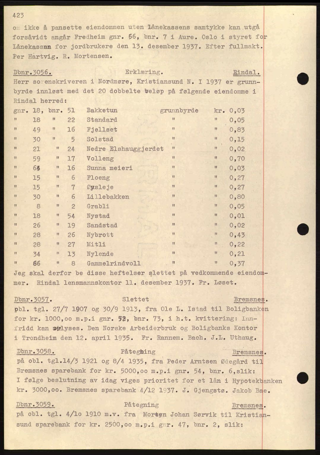 Nordmøre sorenskriveri, AV/SAT-A-4132/1/2/2Ca: Mortgage book no. C80, 1936-1939, Diary no: : 3056/1937