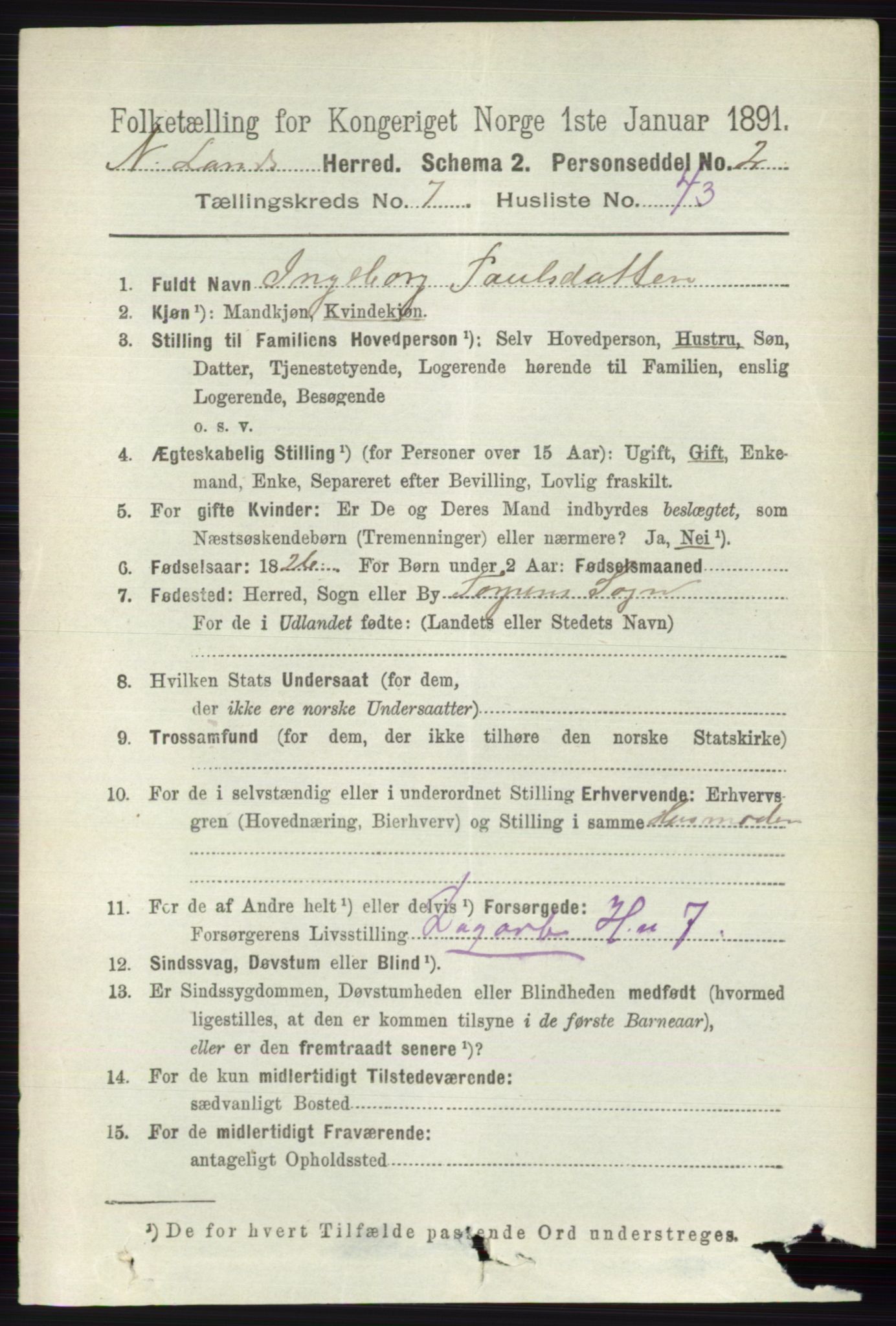 RA, 1891 census for 0538 Nordre Land, 1891, p. 2151