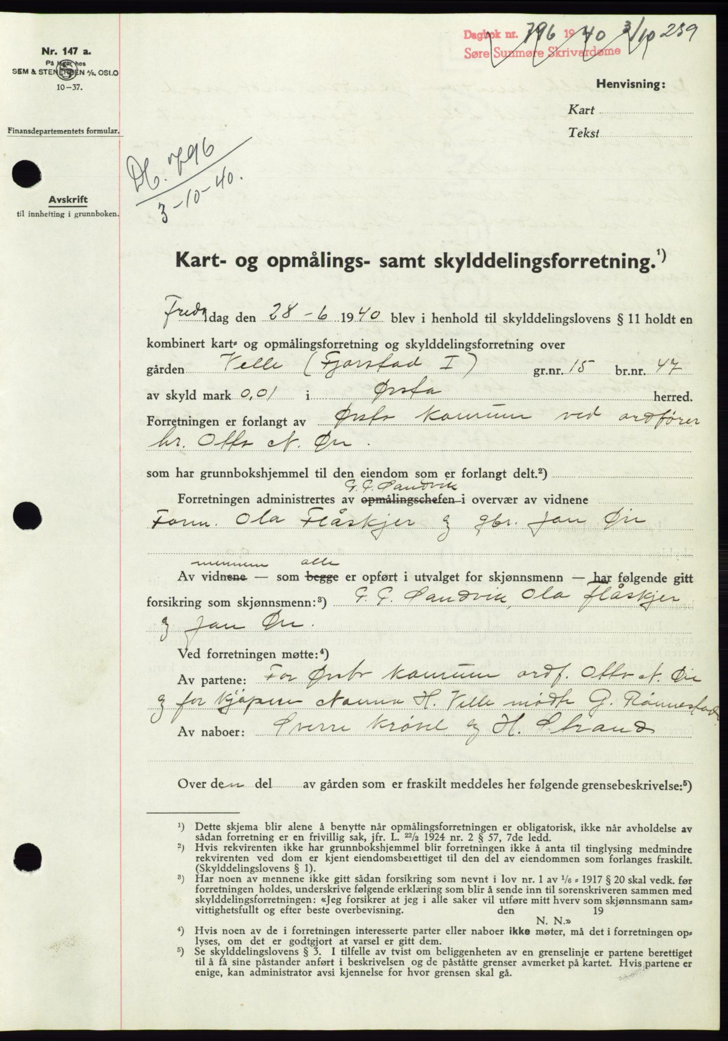 Søre Sunnmøre sorenskriveri, AV/SAT-A-4122/1/2/2C/L0070: Mortgage book no. 64, 1940-1941, Diary no: : 796/1940