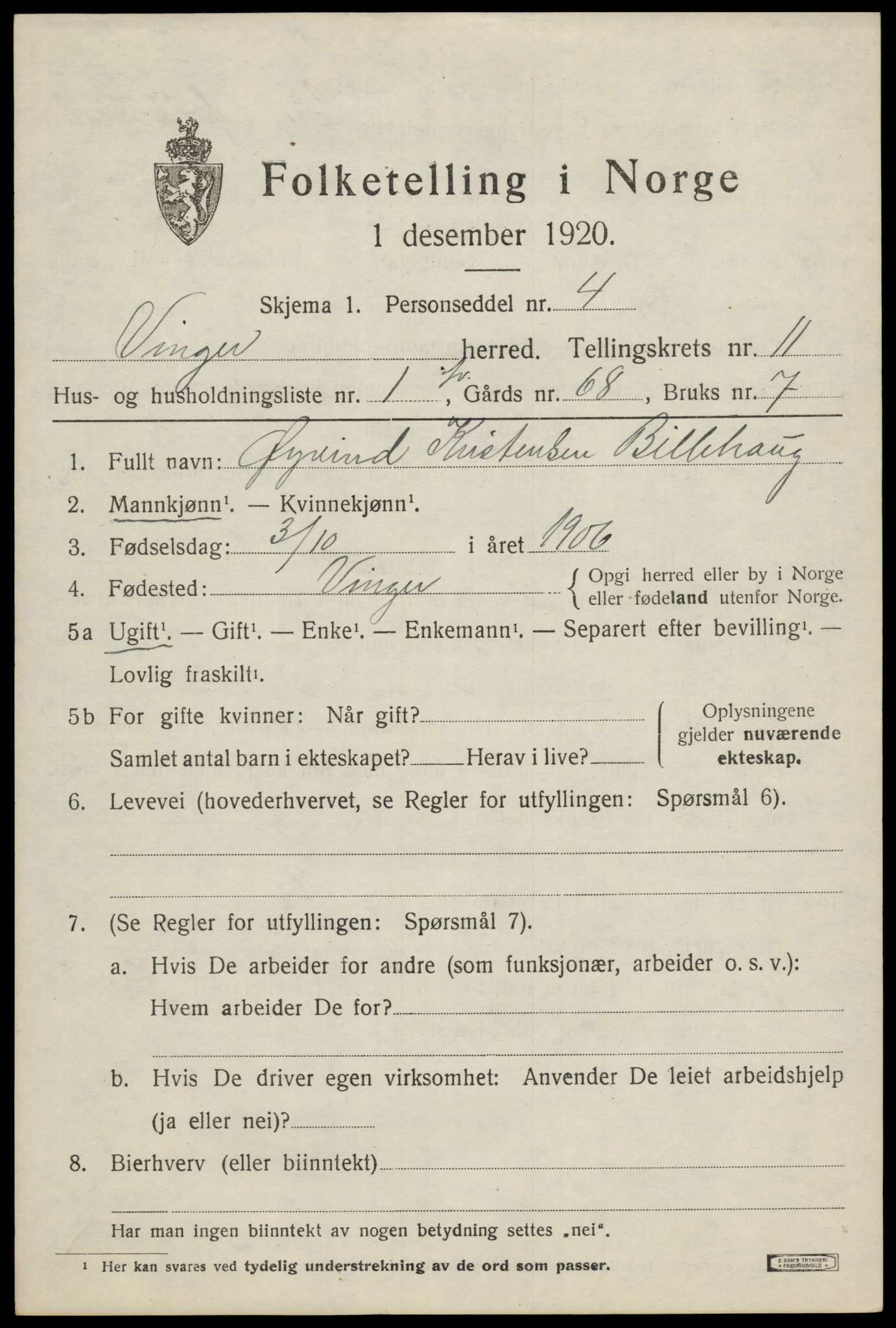 SAH, 1920 census for Vinger, 1920, p. 8924