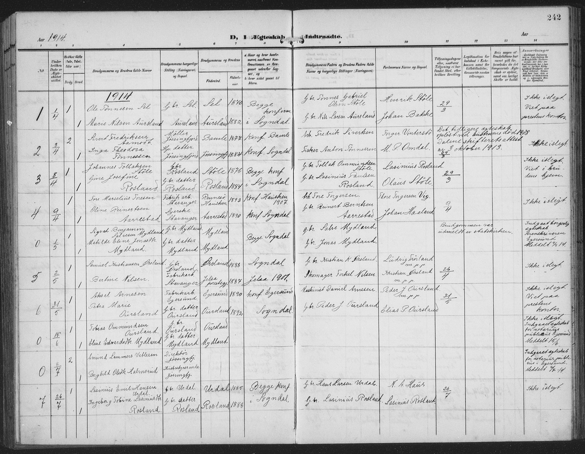 Sokndal sokneprestkontor, AV/SAST-A-101808: Parish register (copy) no. B 8, 1908-1934, p. 242