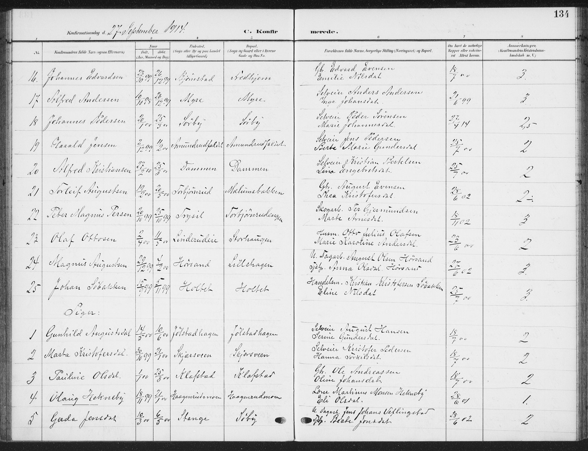 Romedal prestekontor, SAH/PREST-004/K/L0009: Parish register (official) no. 9, 1906-1929, p. 134