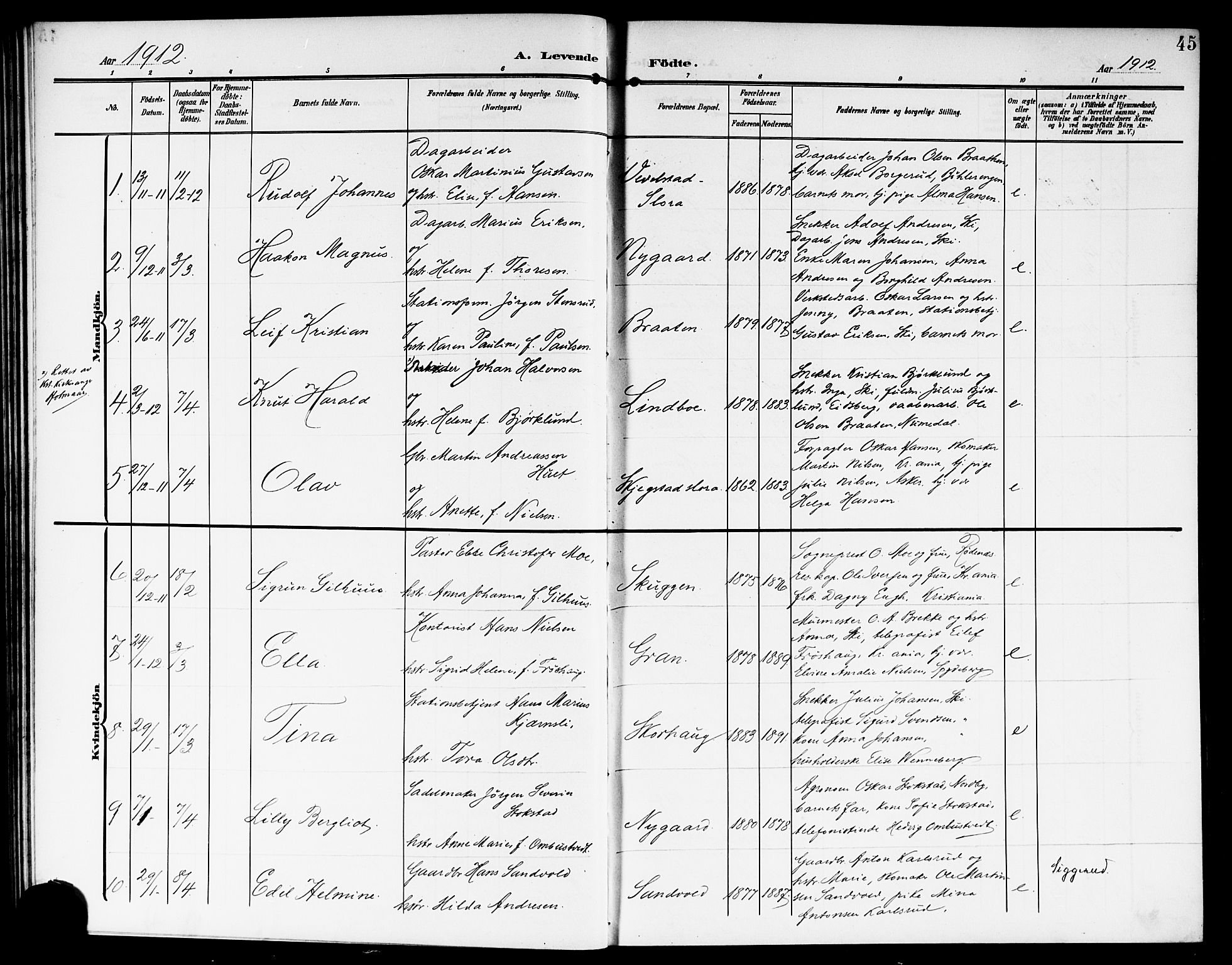 Kråkstad prestekontor Kirkebøker, SAO/A-10125a/G/Gb/L0001: Parish register (copy) no. II 1, 1905-1920, p. 45