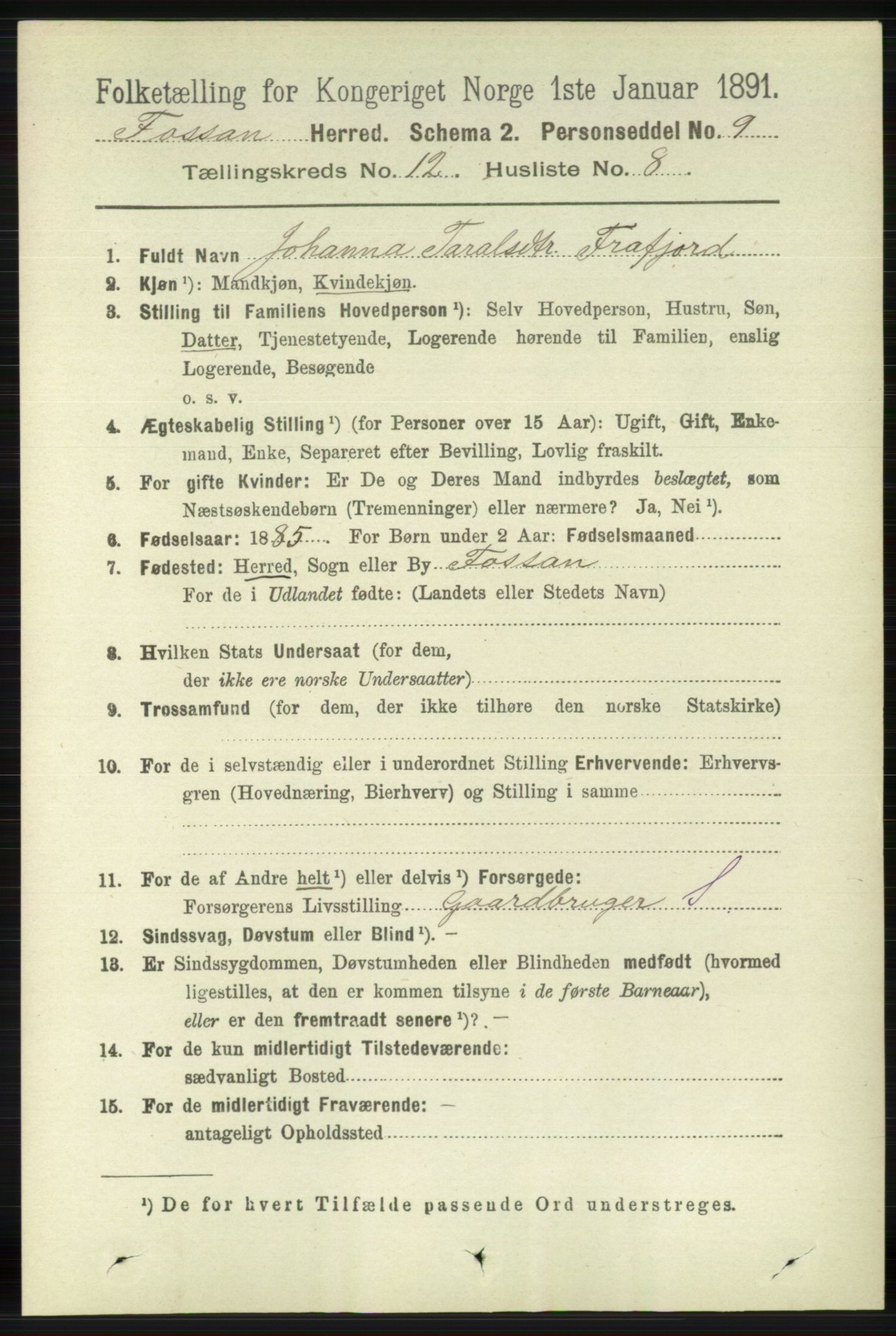 RA, 1891 census for 1129 Forsand, 1891, p. 1995