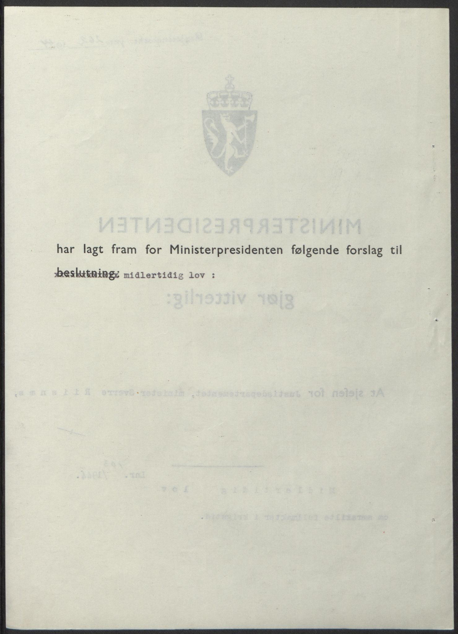 NS-administrasjonen 1940-1945 (Statsrådsekretariatet, de kommisariske statsråder mm), AV/RA-S-4279/D/Db/L0100: Lover, 1944, p. 490