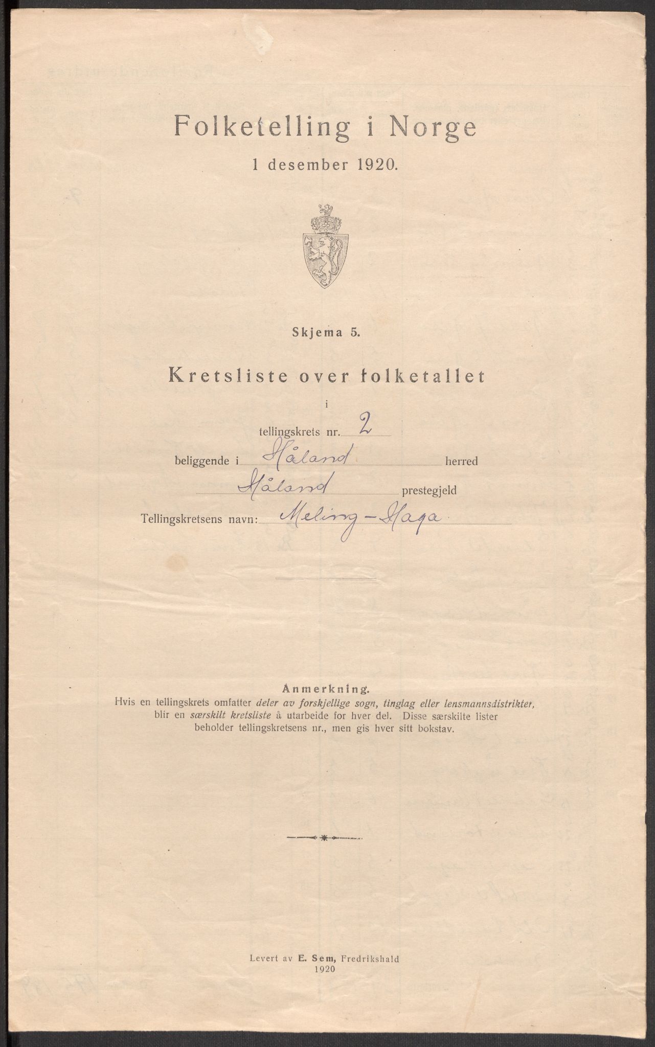 SAST, 1920 census for Håland, 1920, p. 12