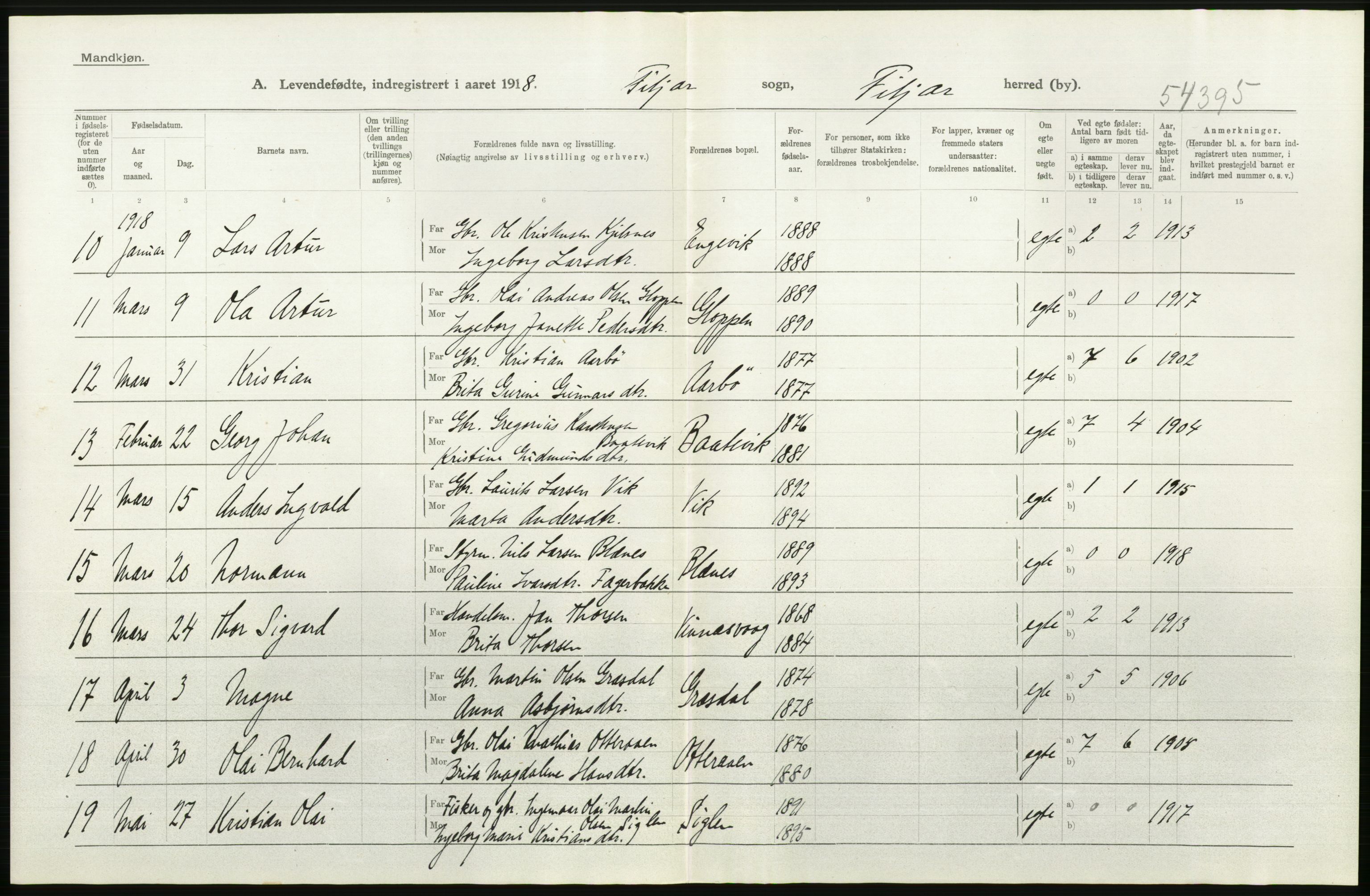 Statistisk sentralbyrå, Sosiodemografiske emner, Befolkning, RA/S-2228/D/Df/Dfb/Dfbh/L0034: Hordaland fylke: Levendefødte menn og kvinner. Bygder., 1918, p. 488