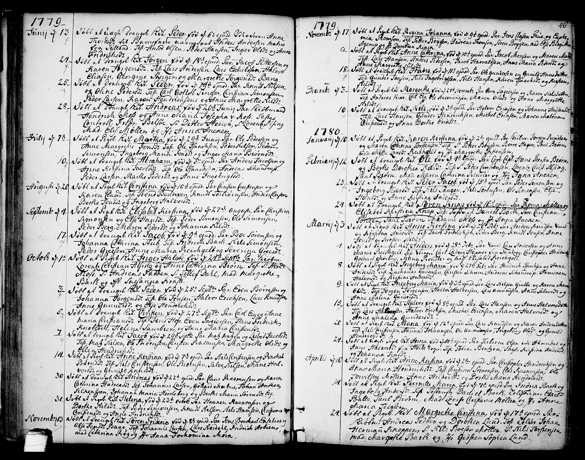 Kragerø kirkebøker, SAKO/A-278/F/Fa/L0002: Parish register (official) no. 2, 1767-1802, p. 46