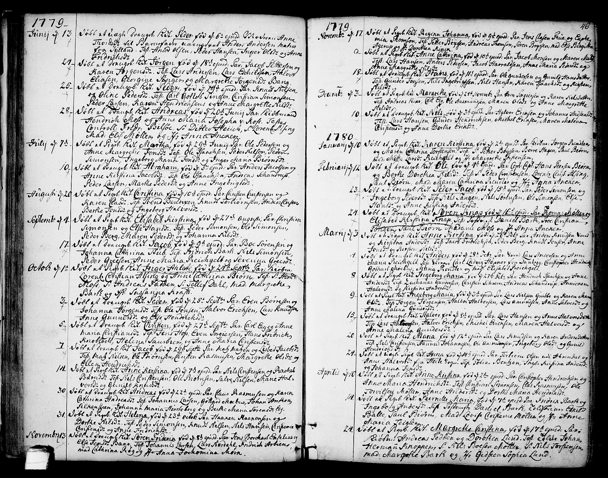 Kragerø kirkebøker, AV/SAKO-A-278/F/Fa/L0002: Parish register (official) no. 2, 1767-1802, p. 46