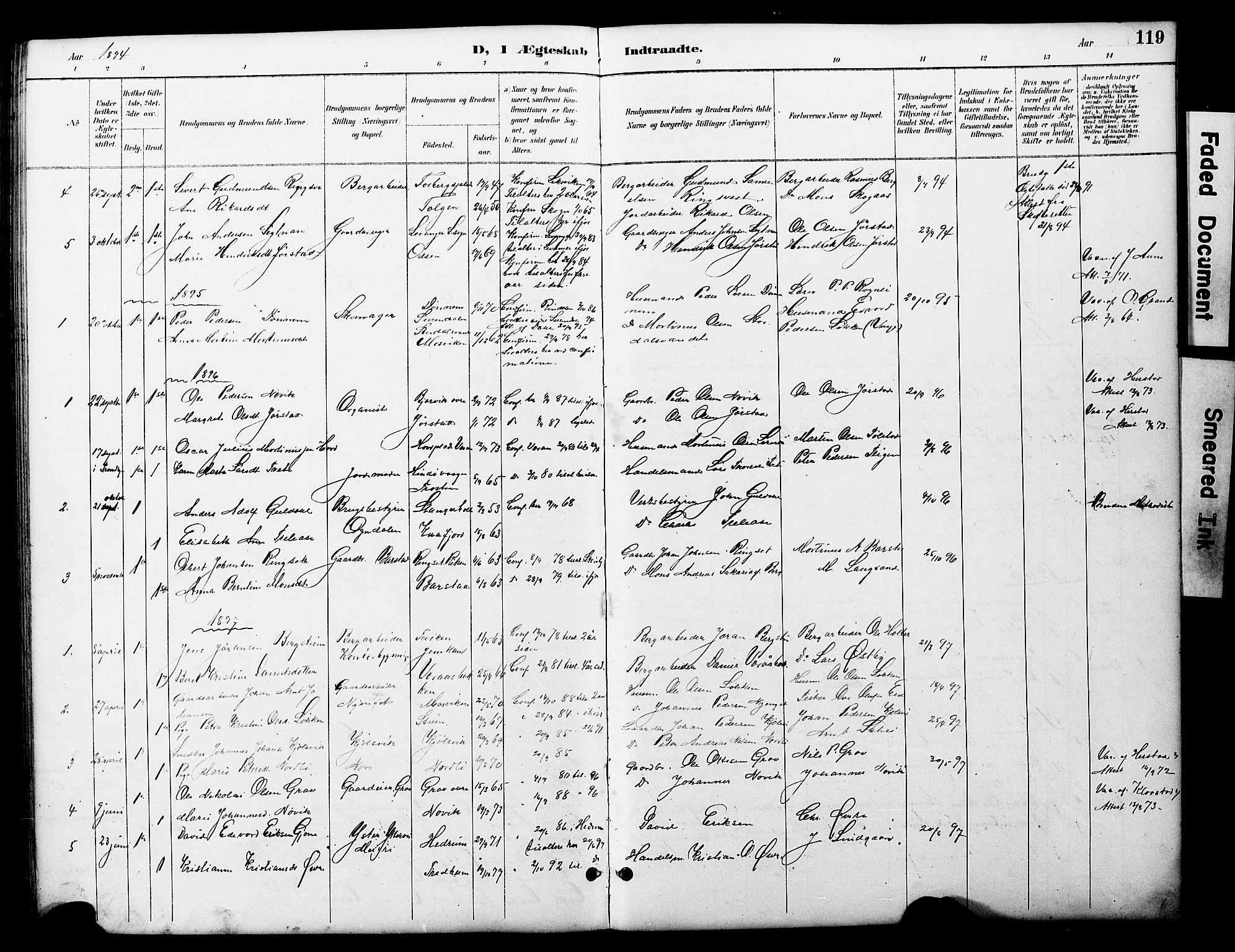 Ministerialprotokoller, klokkerbøker og fødselsregistre - Nord-Trøndelag, SAT/A-1458/722/L0226: Parish register (copy) no. 722C02, 1889-1927, p. 119