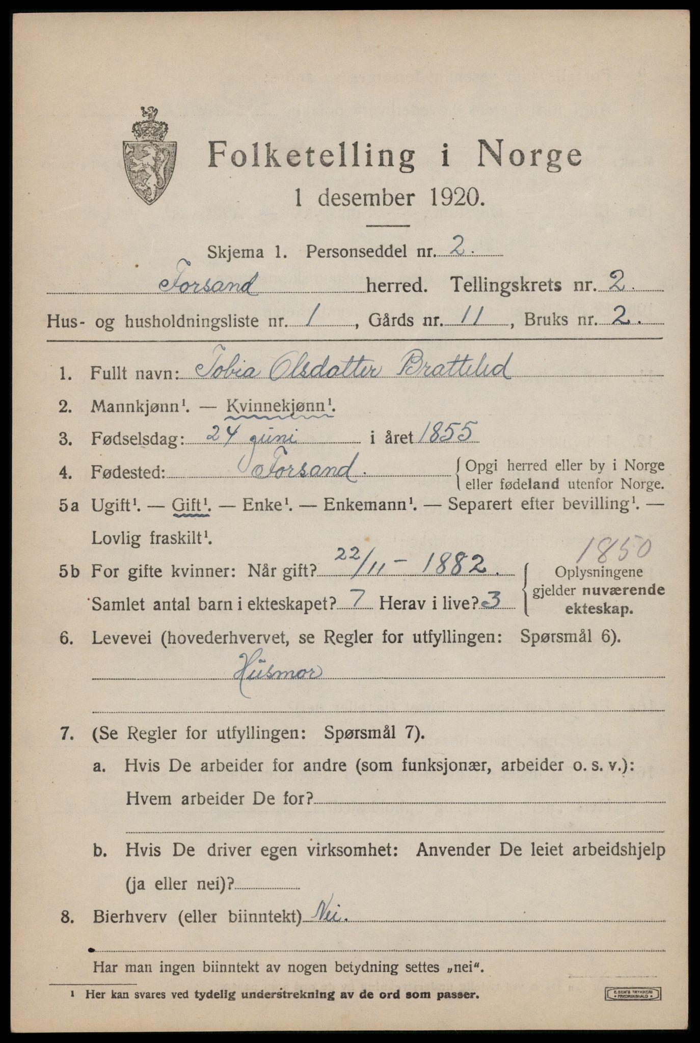 SAST, 1920 census for Forsand, 1920, p. 1219