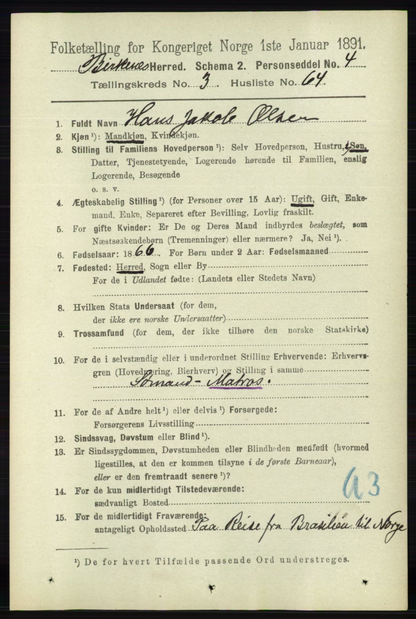 RA, 1891 Census for 0928 Birkenes, 1891, p. 1197